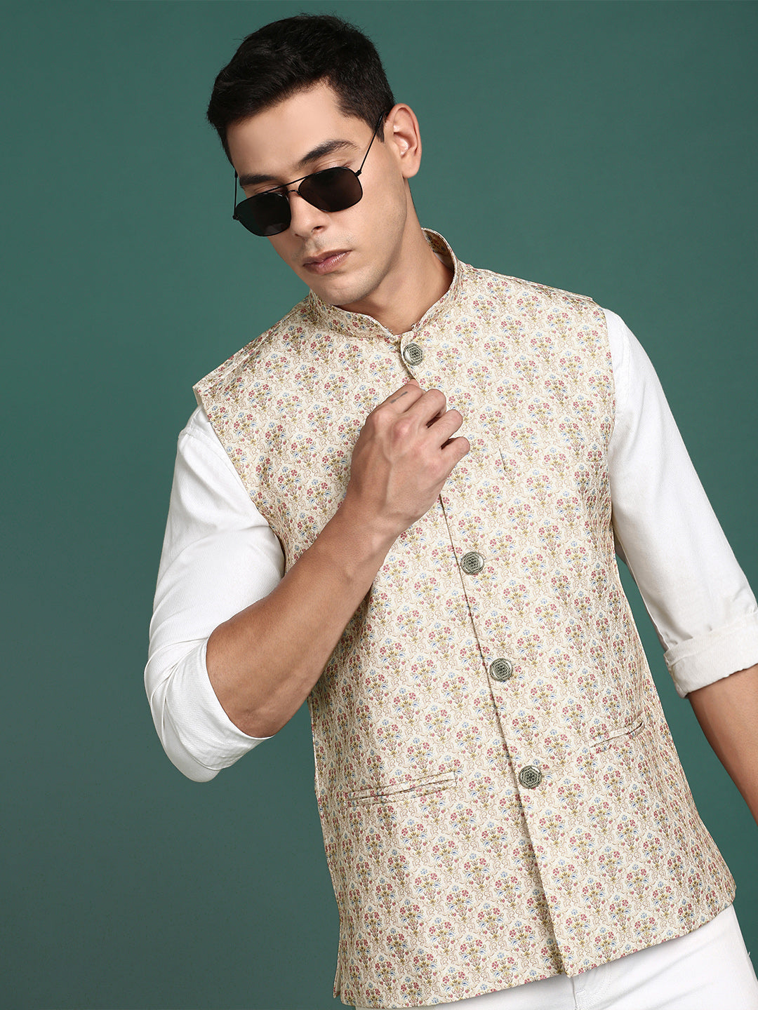 Men Printed Cream Slim Fit Nehru Jacket