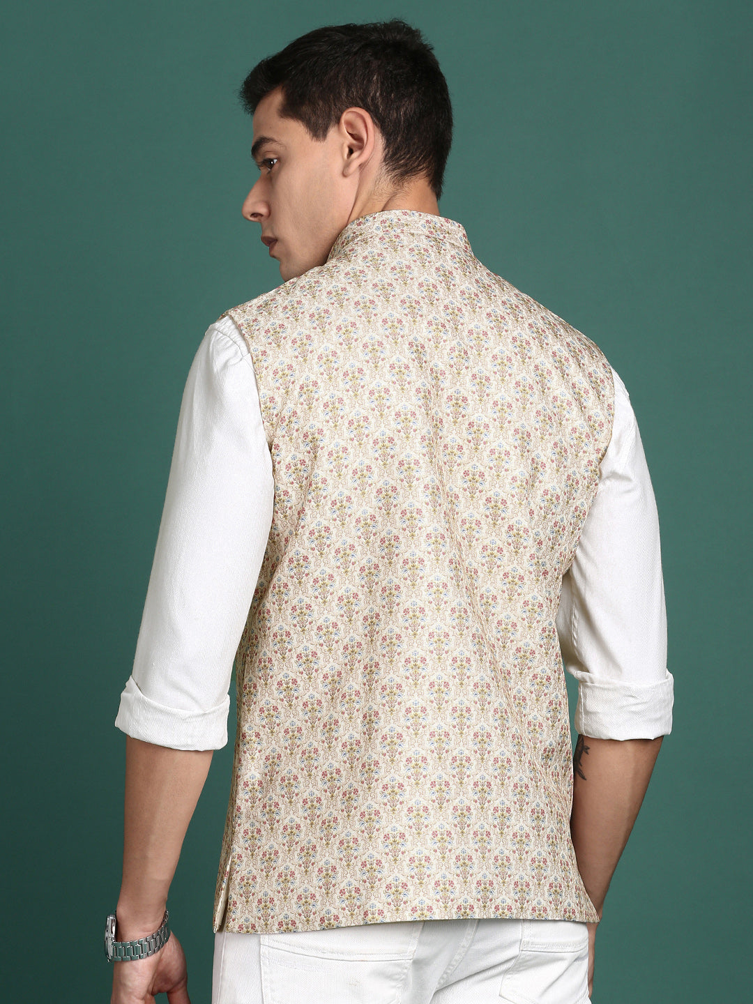 Men Printed Cream Slim Fit Nehru Jacket