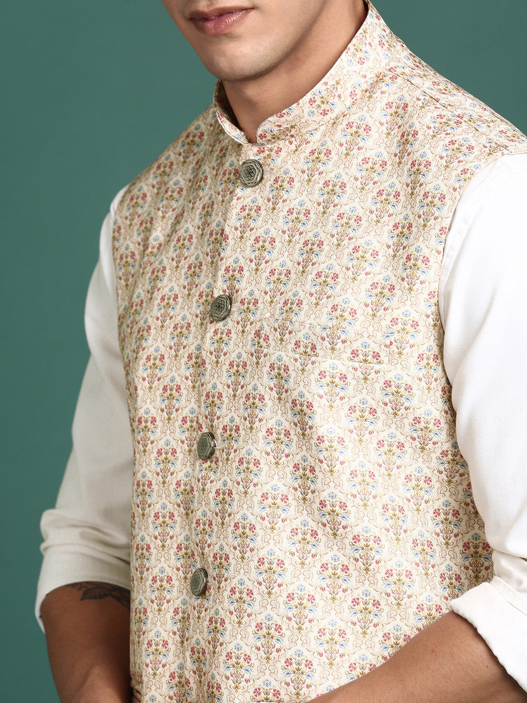 Men Printed Cream Slim Fit Nehru Jacket