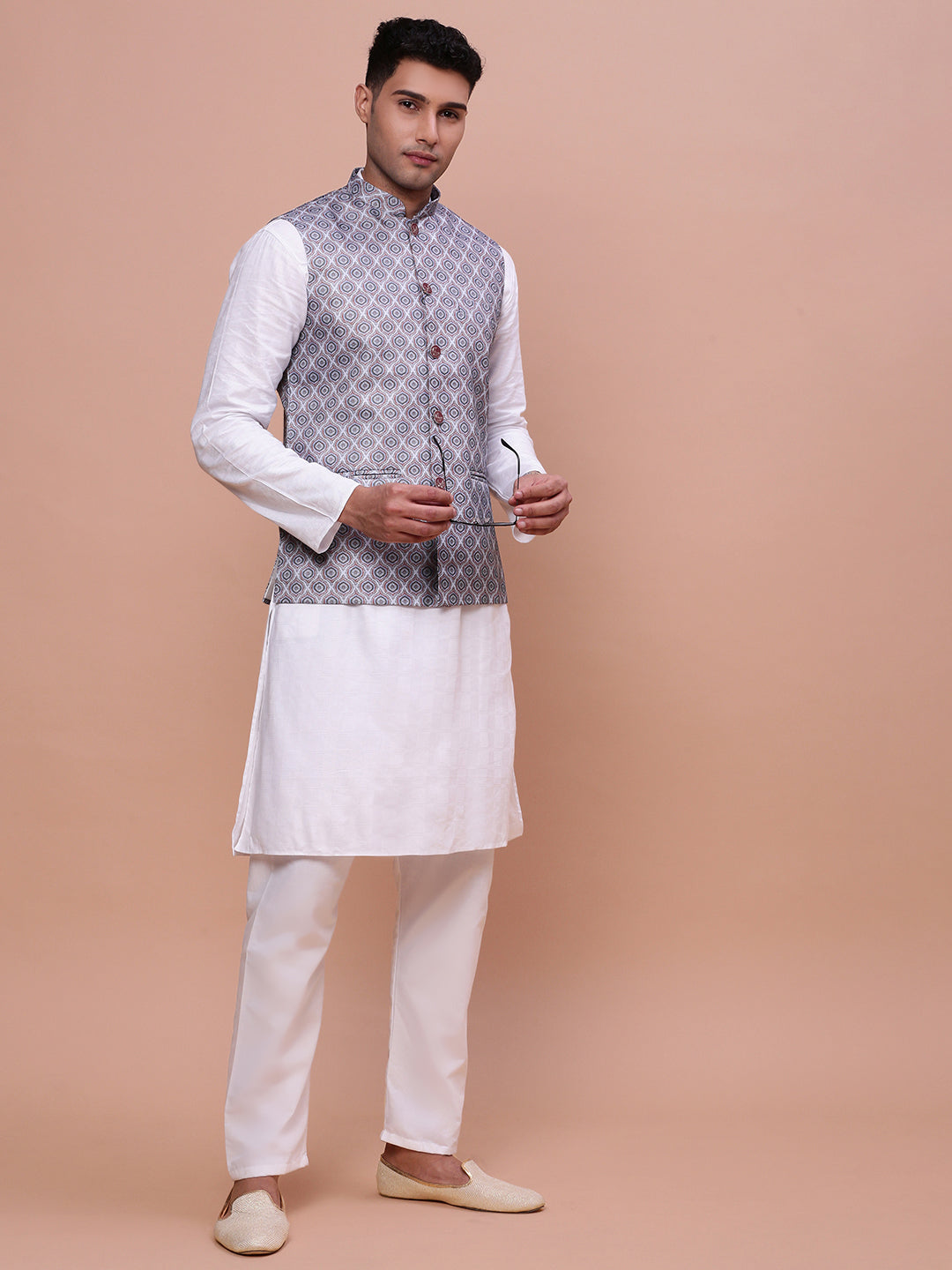 Men Printed Grey Slim Fit Nehru Jacket