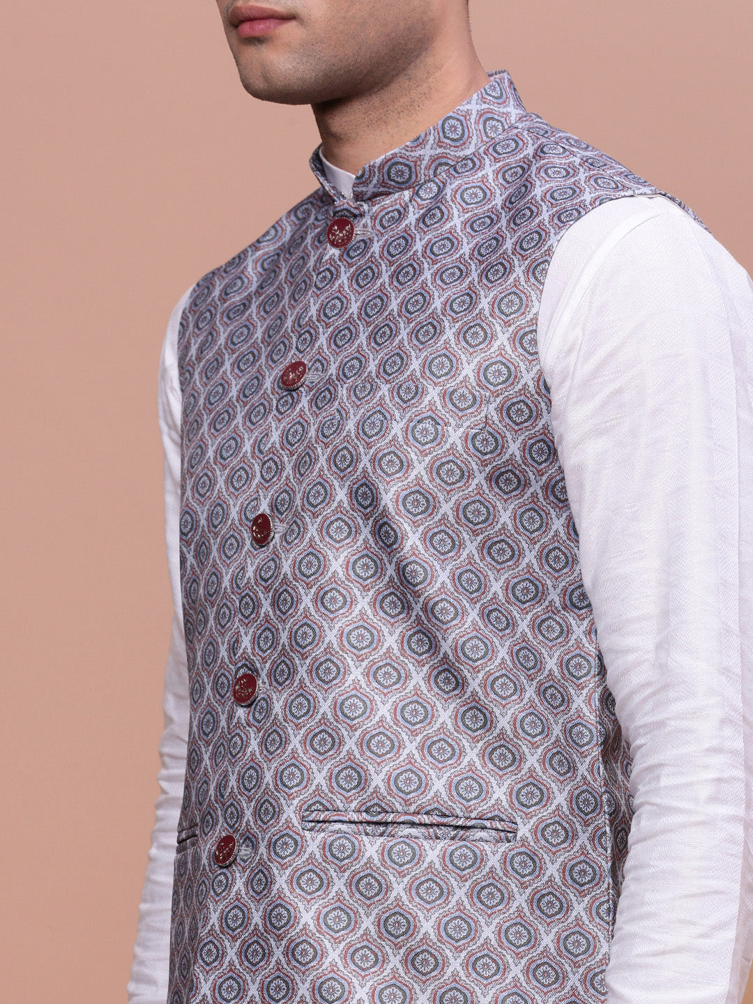 Men Printed Grey Slim Fit Nehru Jacket