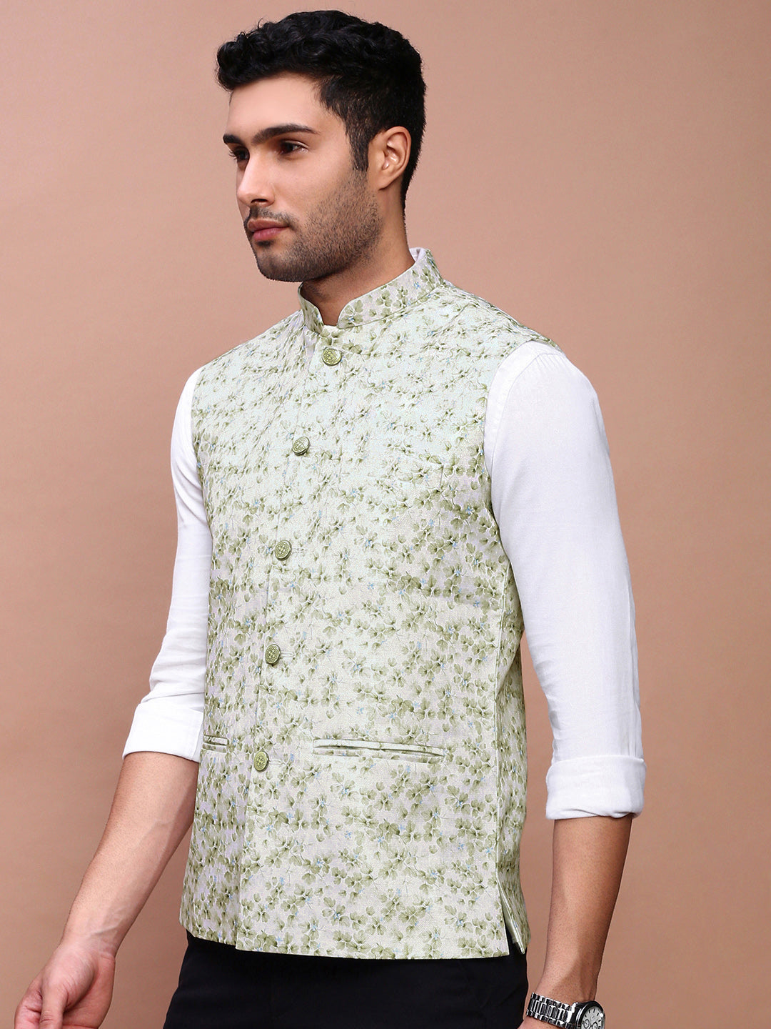 Men Printed Green Slim Fit Nehru Jacket