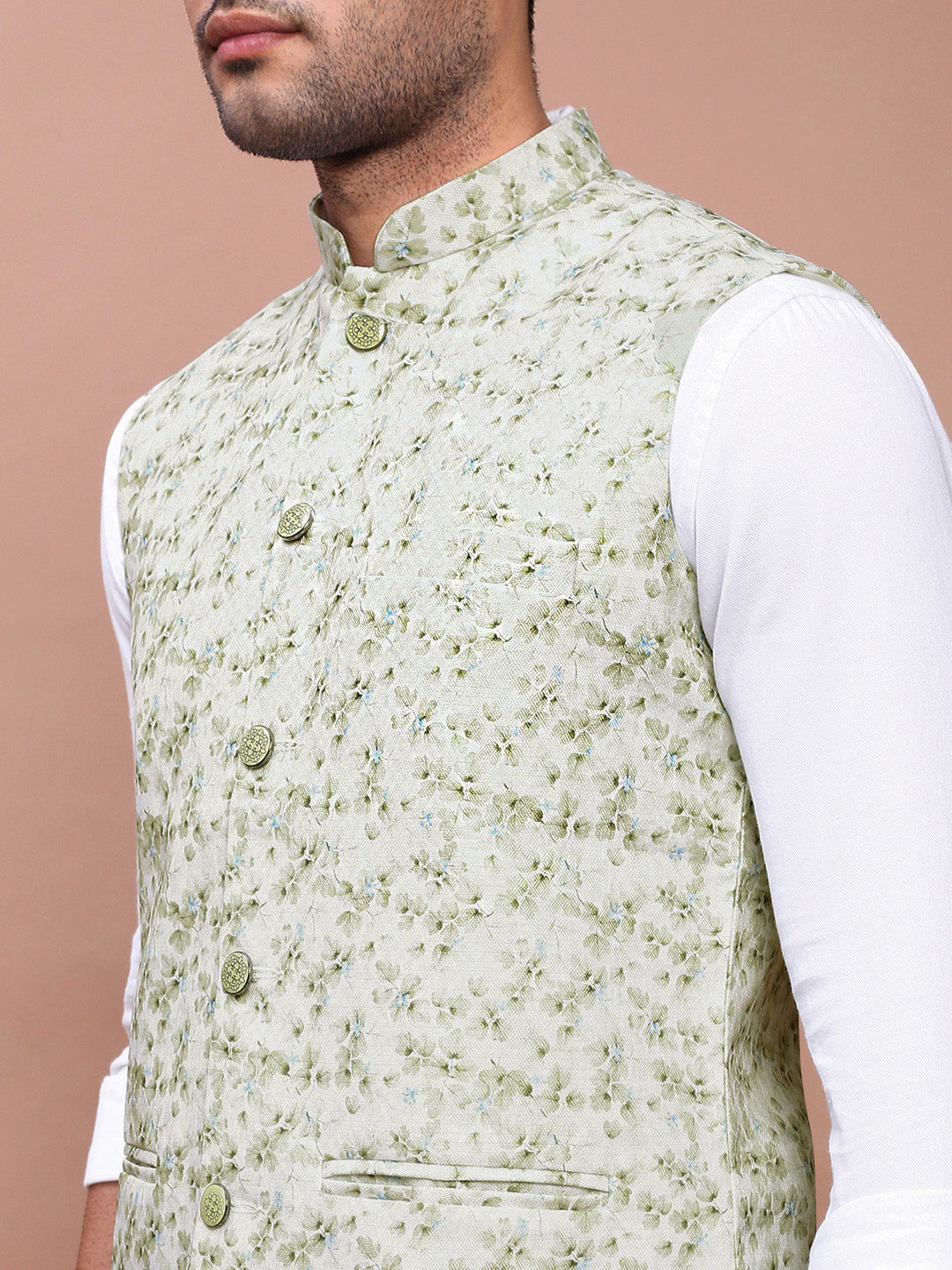 Men Printed Green Slim Fit Nehru Jacket