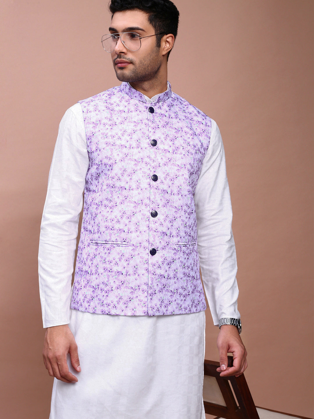 Men Printed Lavender Slim Fit Nehru Jacket