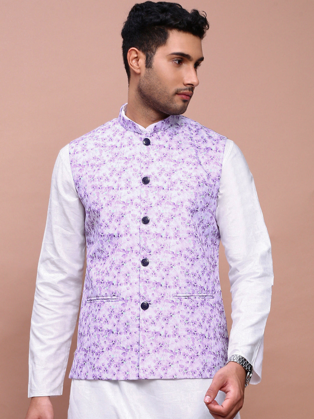 Men Printed Lavender Slim Fit Nehru Jacket