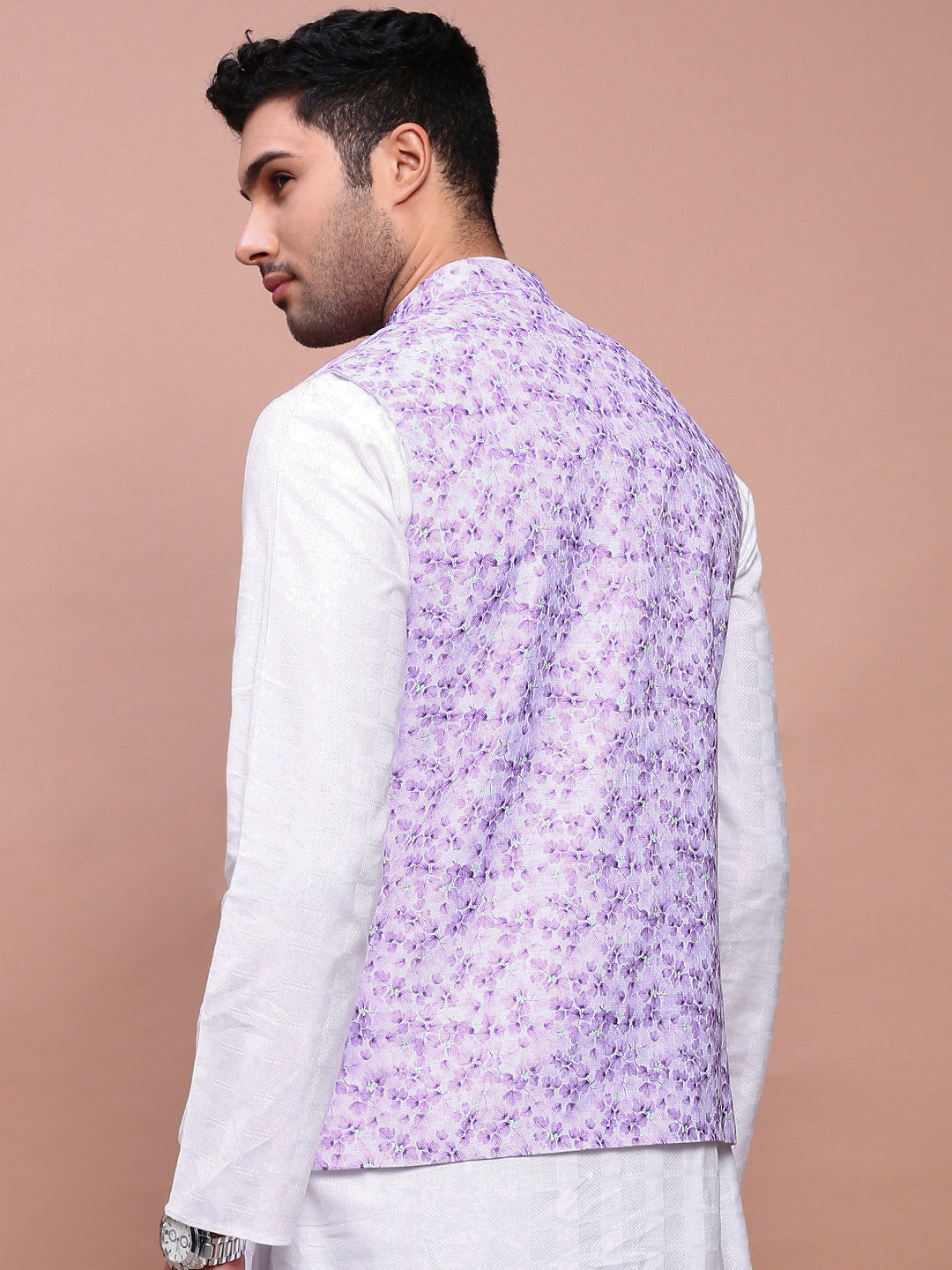 Men Printed Lavender Slim Fit Nehru Jacket