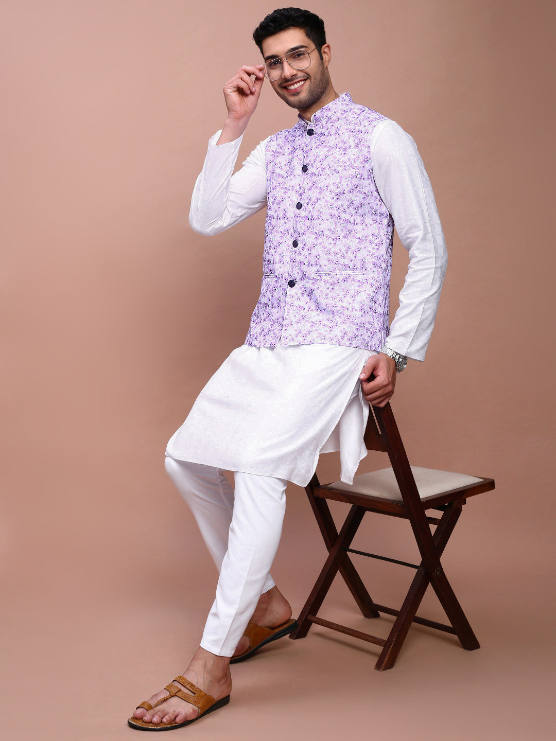 Men Printed Lavender Slim Fit Nehru Jacket