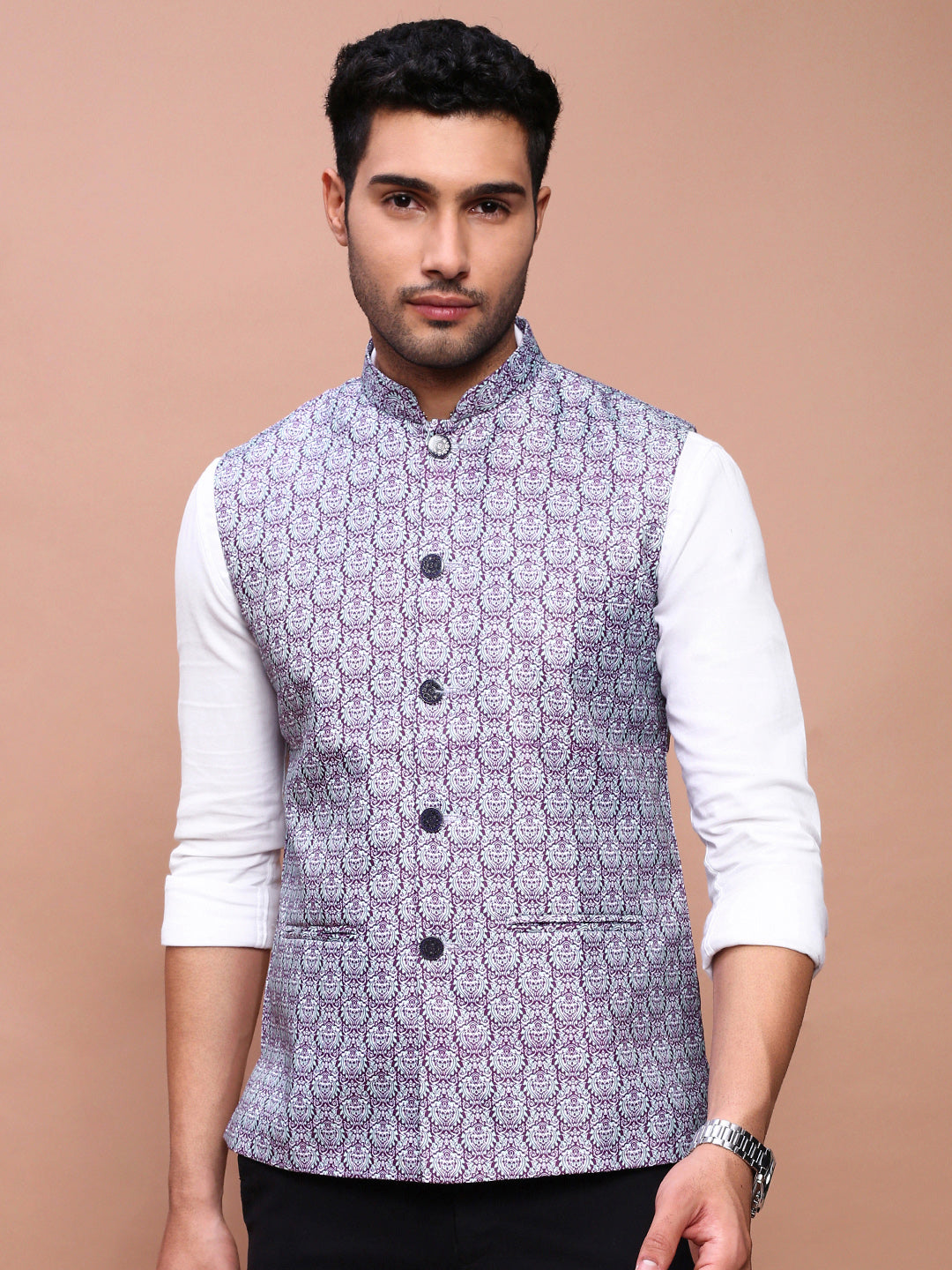 Men Printed Purple Slim Fit Nehru Jacket