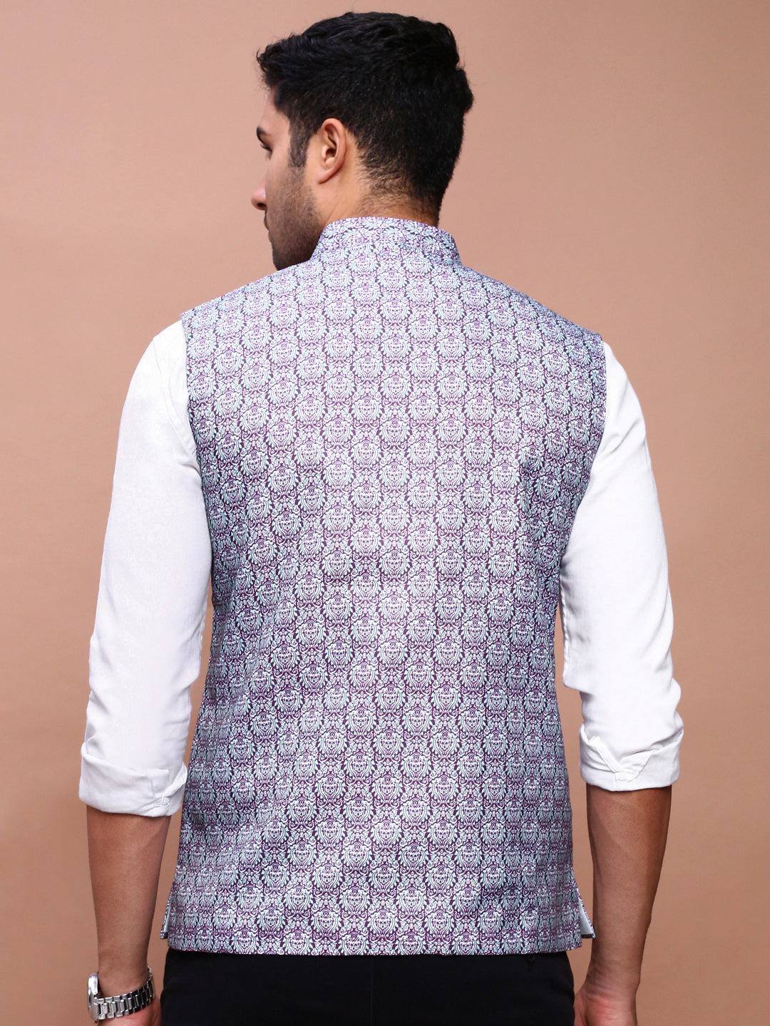 Men Printed Purple Slim Fit Nehru Jacket