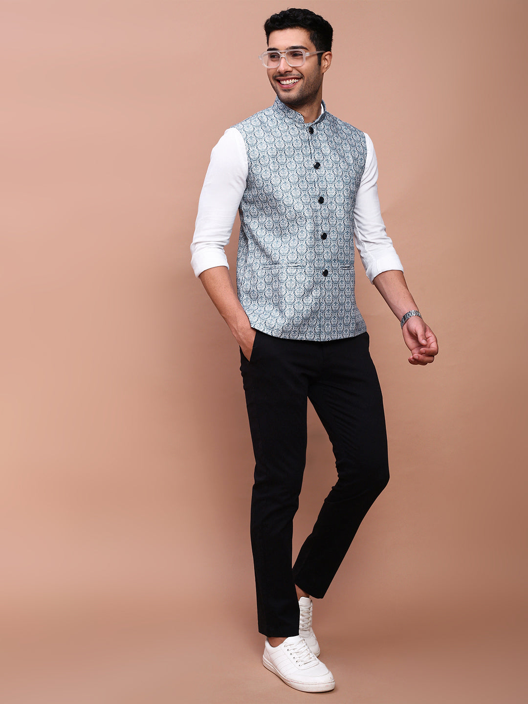 Men Printed Teal Slim Fit Nehru Jacket