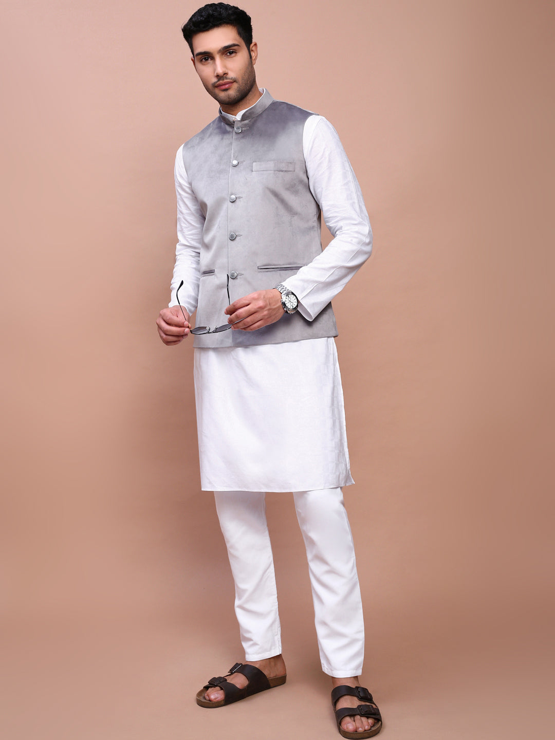 Men Solid Grey Slim Fit Nehru Jacket