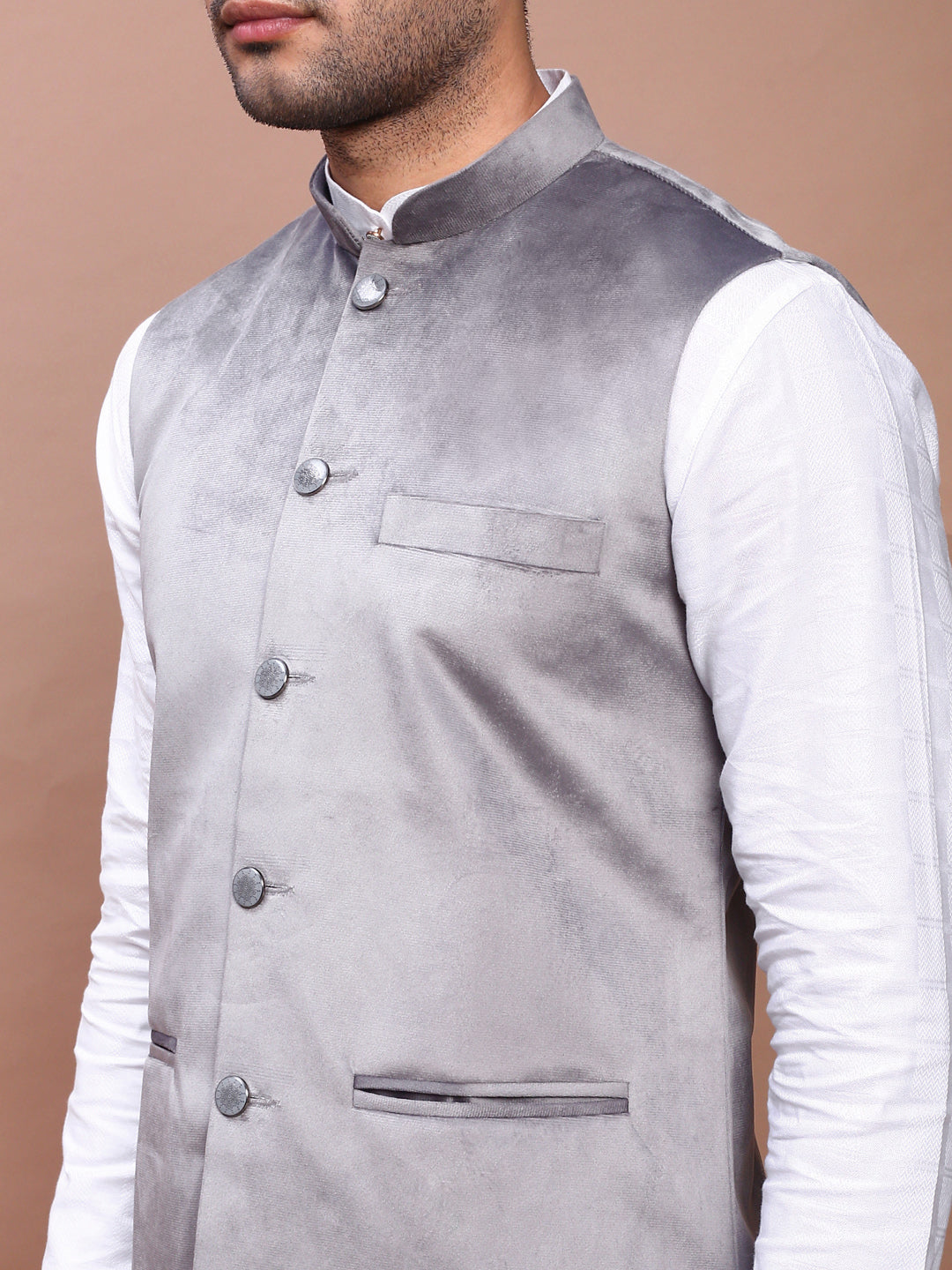 Men Solid Grey Slim Fit Nehru Jacket