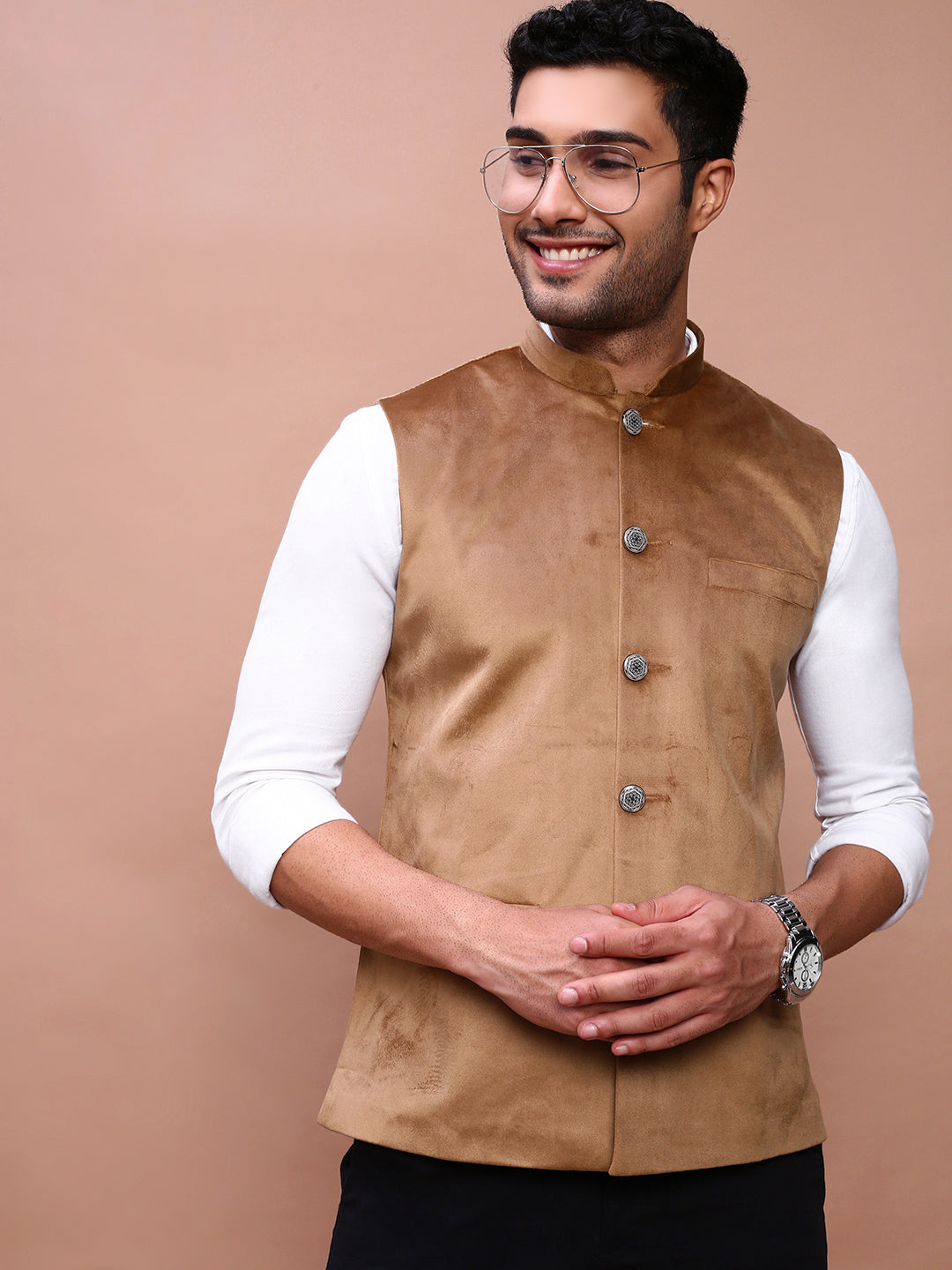 Men Solid Khaki Slim Fit Nehru Jacket