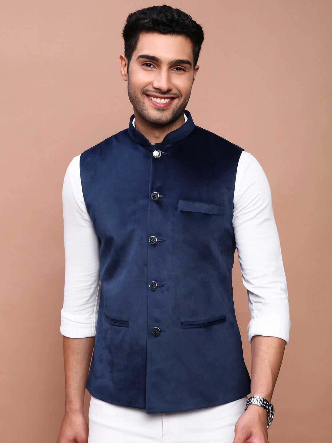 Men Solid Navy Blue Slim Fit Nehru Jacket