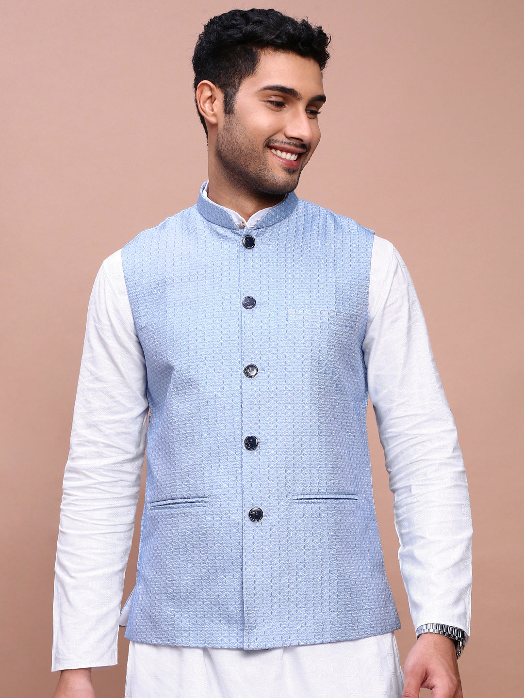 Men Woven Design Blue Slim Fit Nehru Jacket