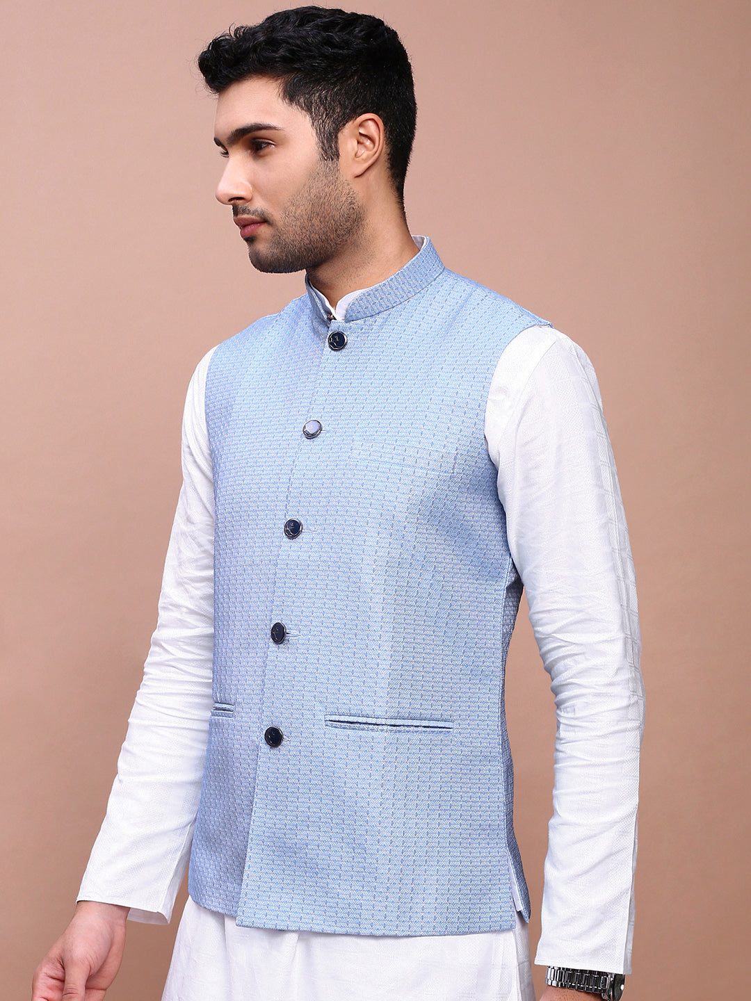 Men Woven Design Blue Slim Fit Nehru Jacket