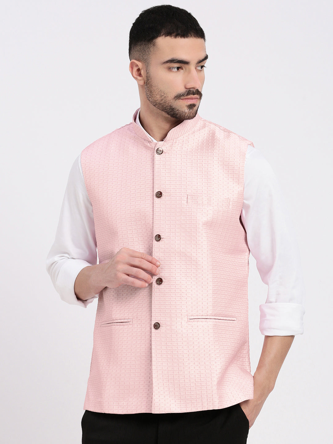 Men Solid Peach Nehru Jacket