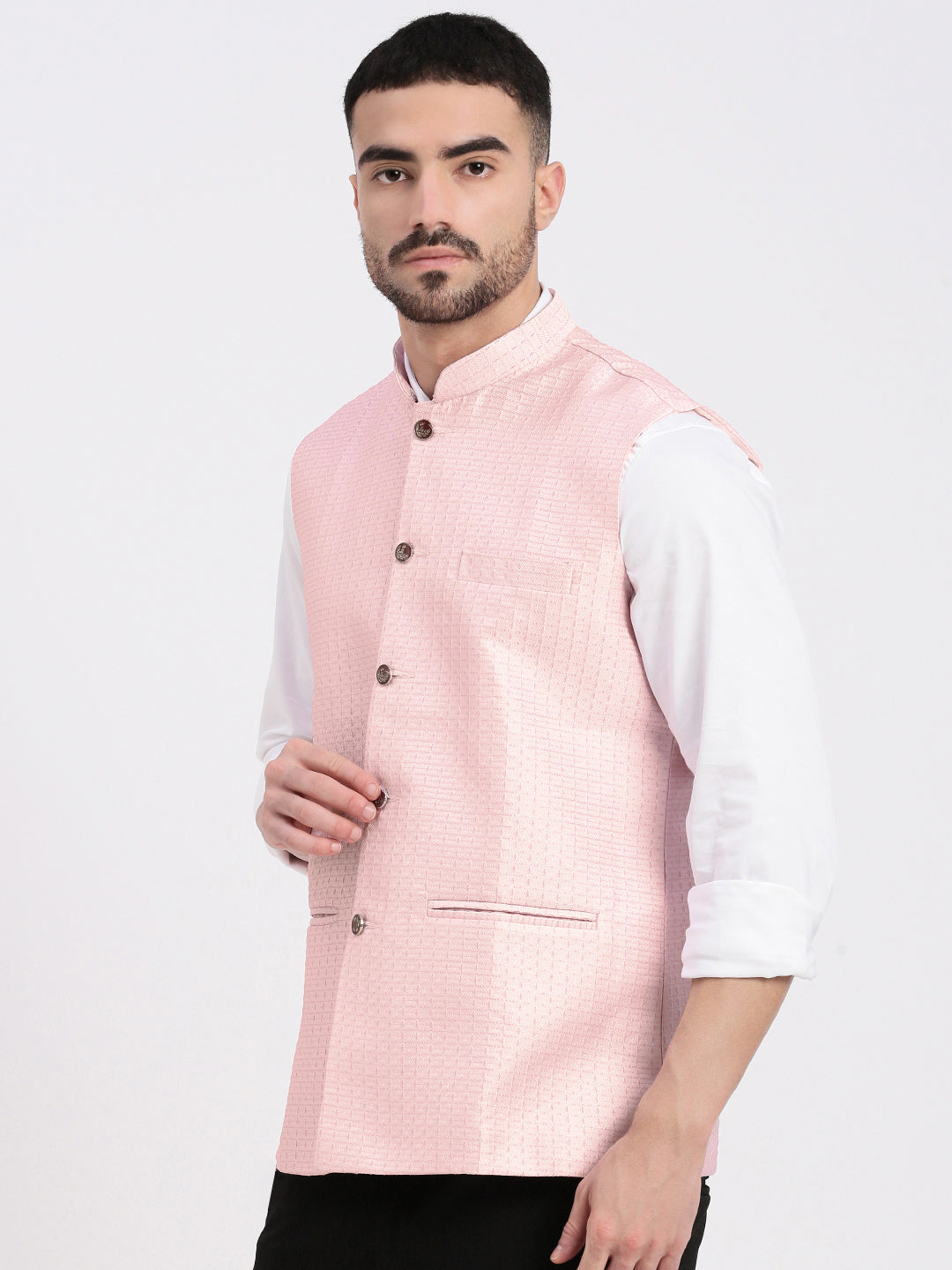 Men Solid Peach Nehru Jacket