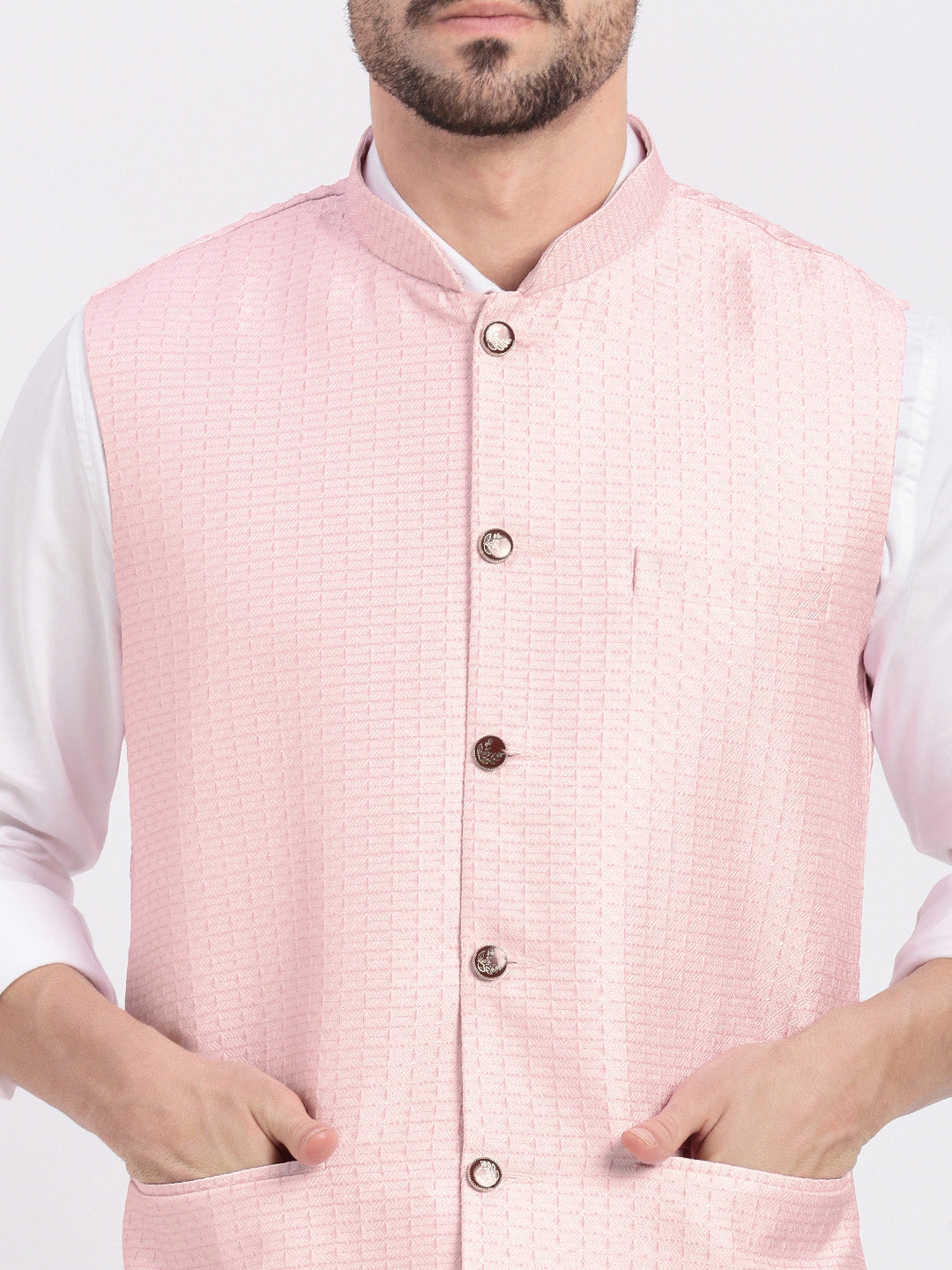 Men Solid Peach Nehru Jacket