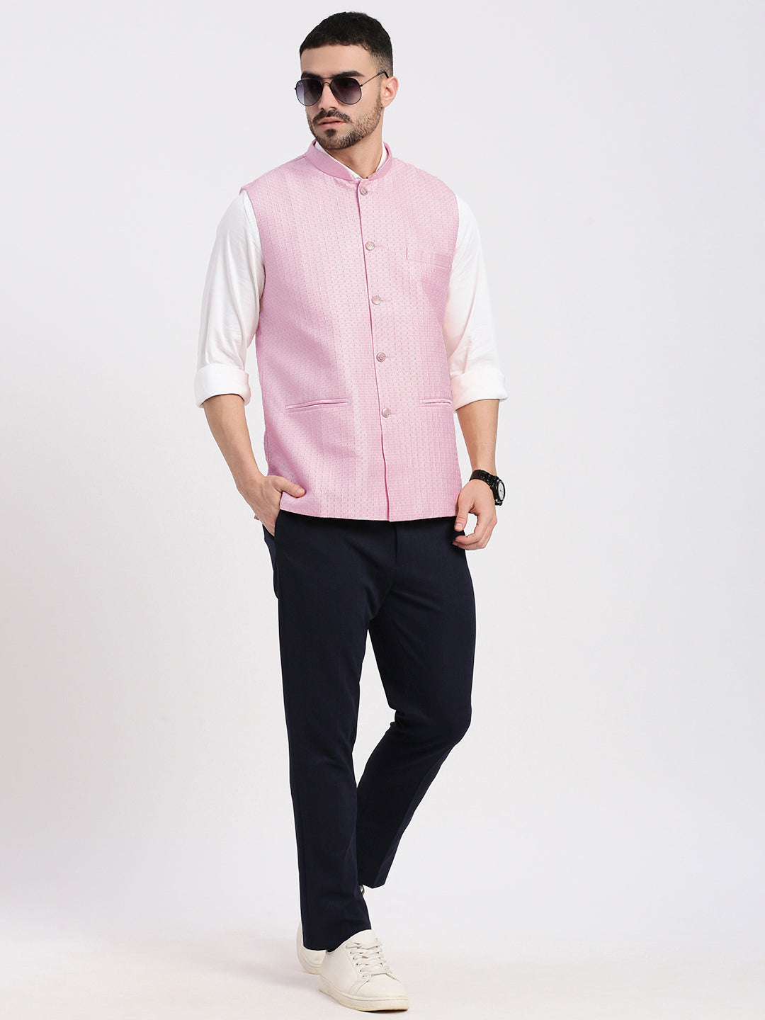 Men Solid Pink Nehru Jacket