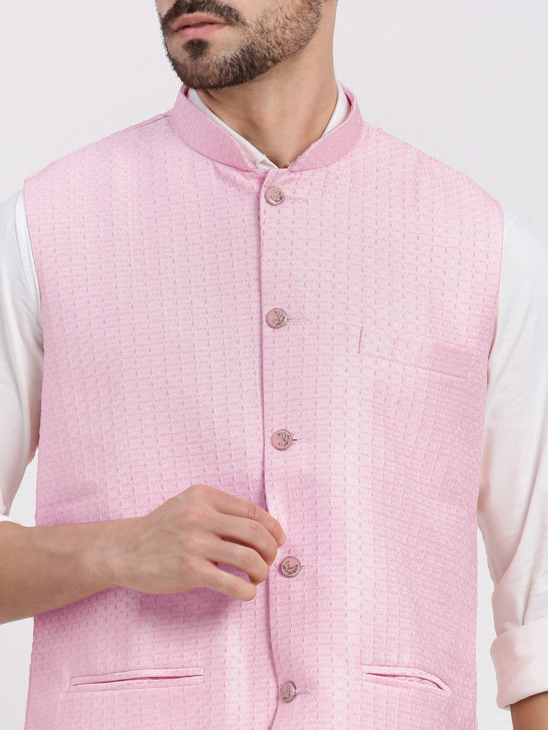 Men Solid Pink Nehru Jacket