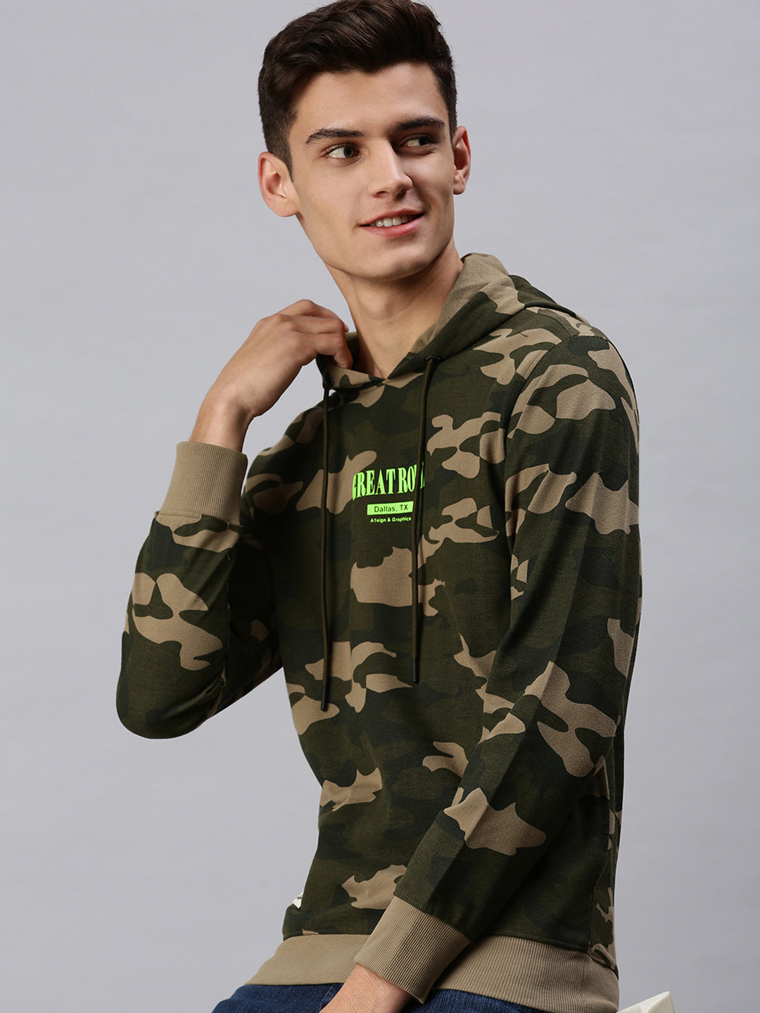 Men Hooded Camouflage Green Sweatshirt