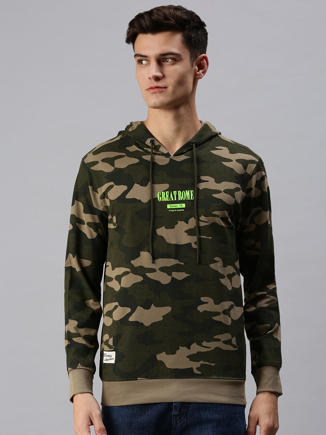 Men Hooded Camouflage Green Sweatshirt