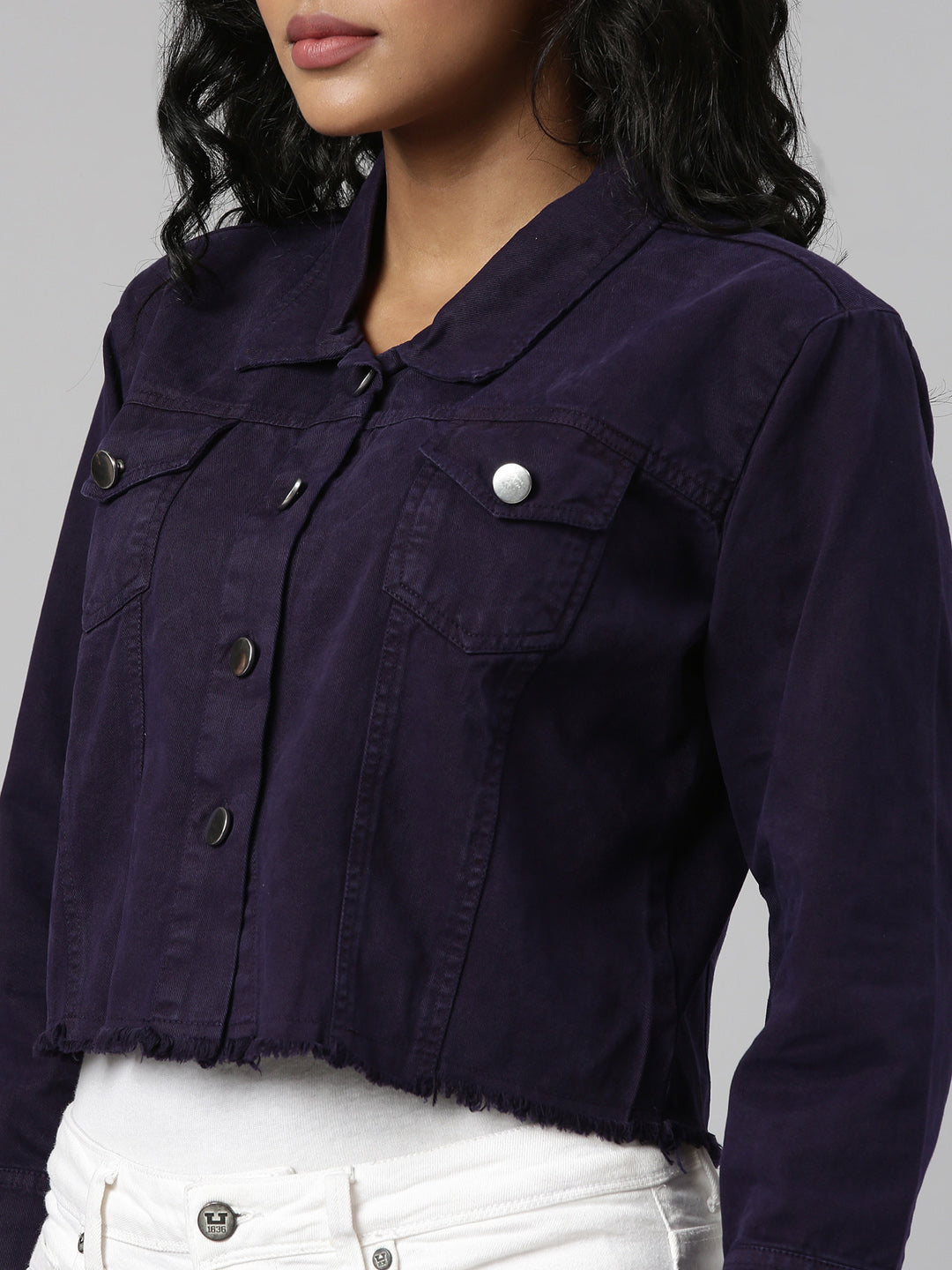 Women Violet Solid Denim Jacket
