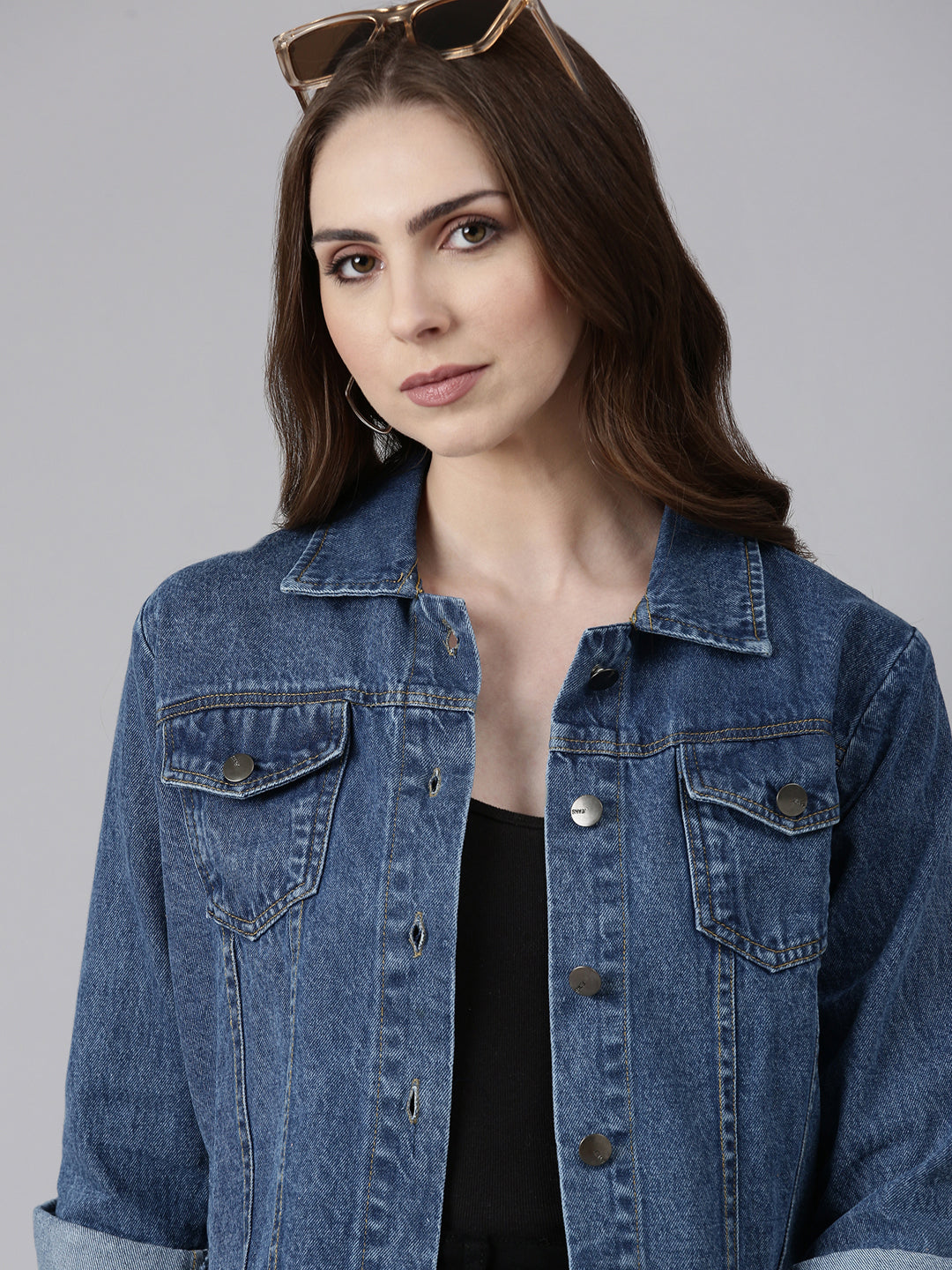 Women Blue Solid Denim Jacket