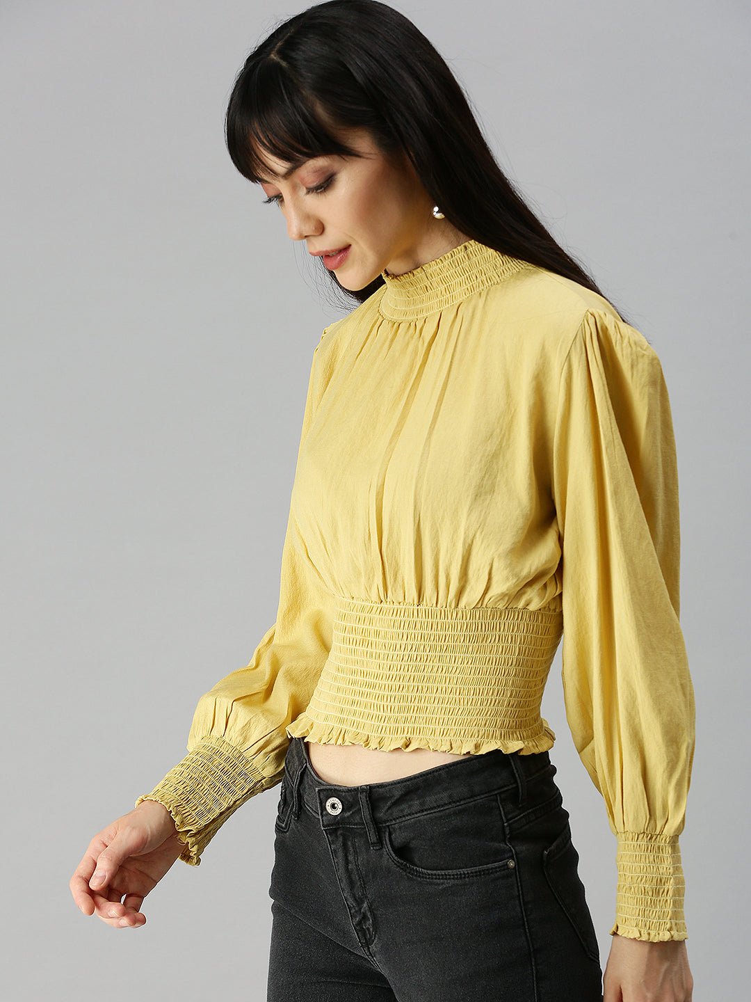 Women High Neck Solid Yellow Cinched Waist Top