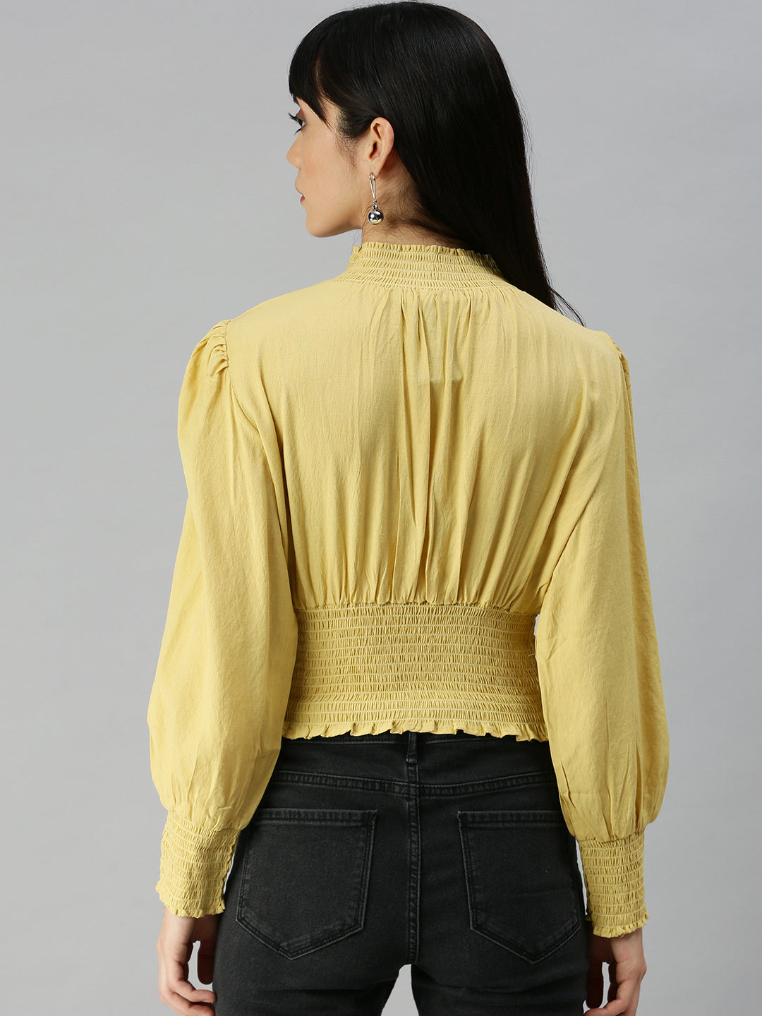 Women High Neck Solid Yellow Cinched Waist Top