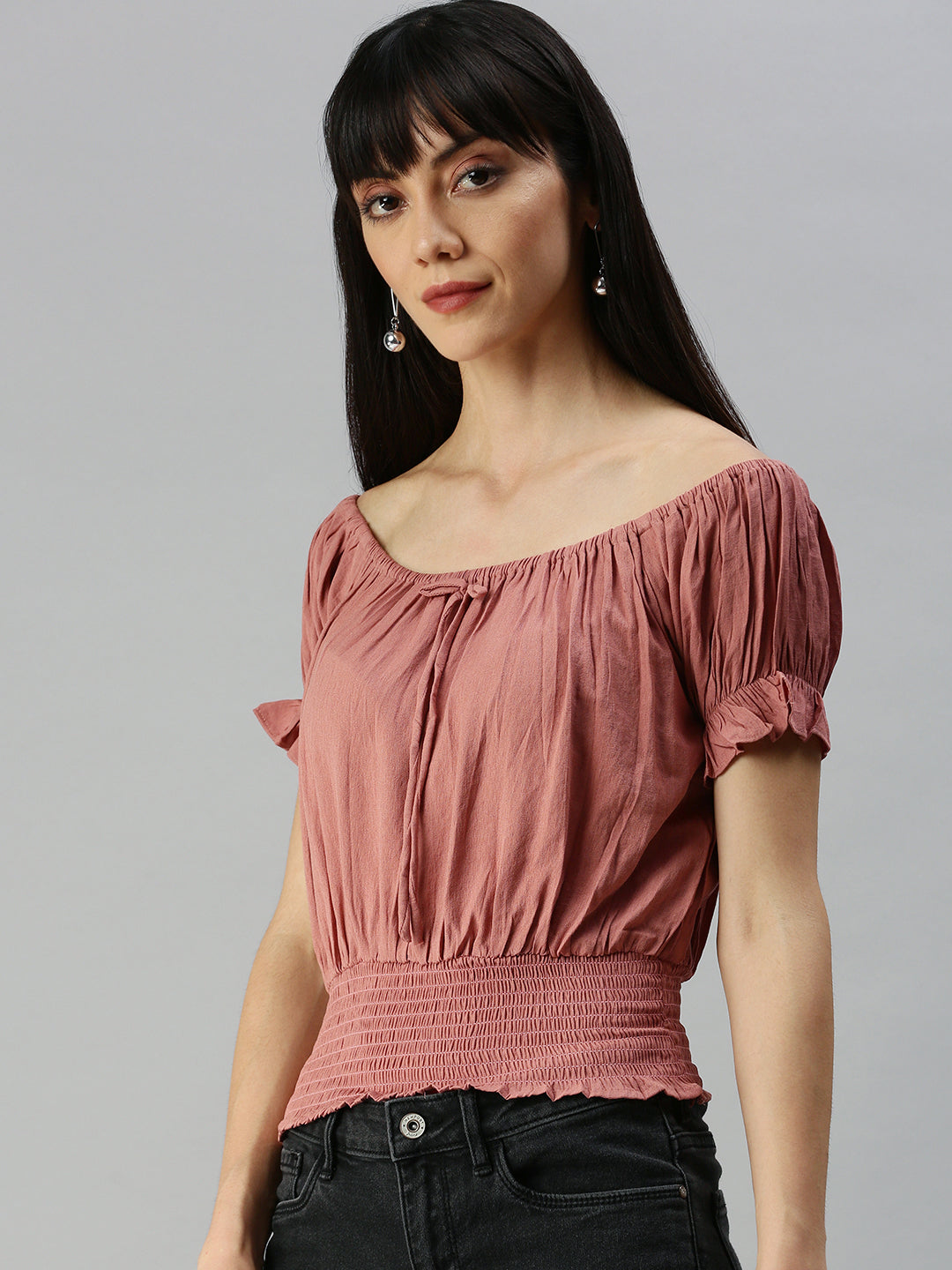 Women Boat Neck Solid Taupe Cinched Waist Top