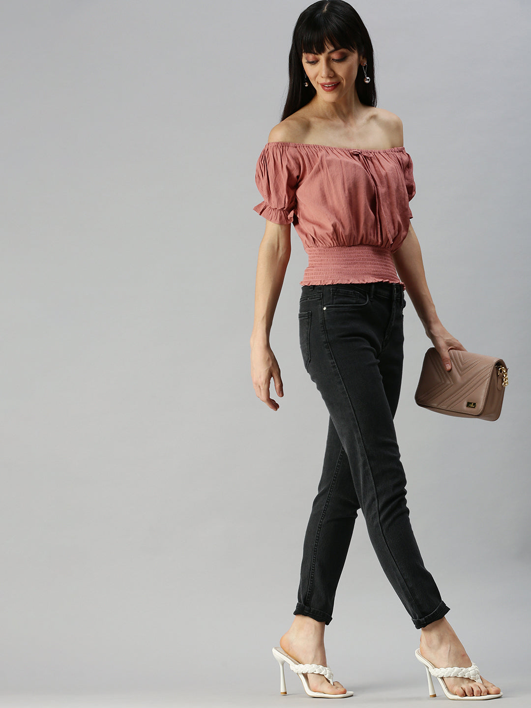 Women Boat Neck Solid Taupe Cinched Waist Top