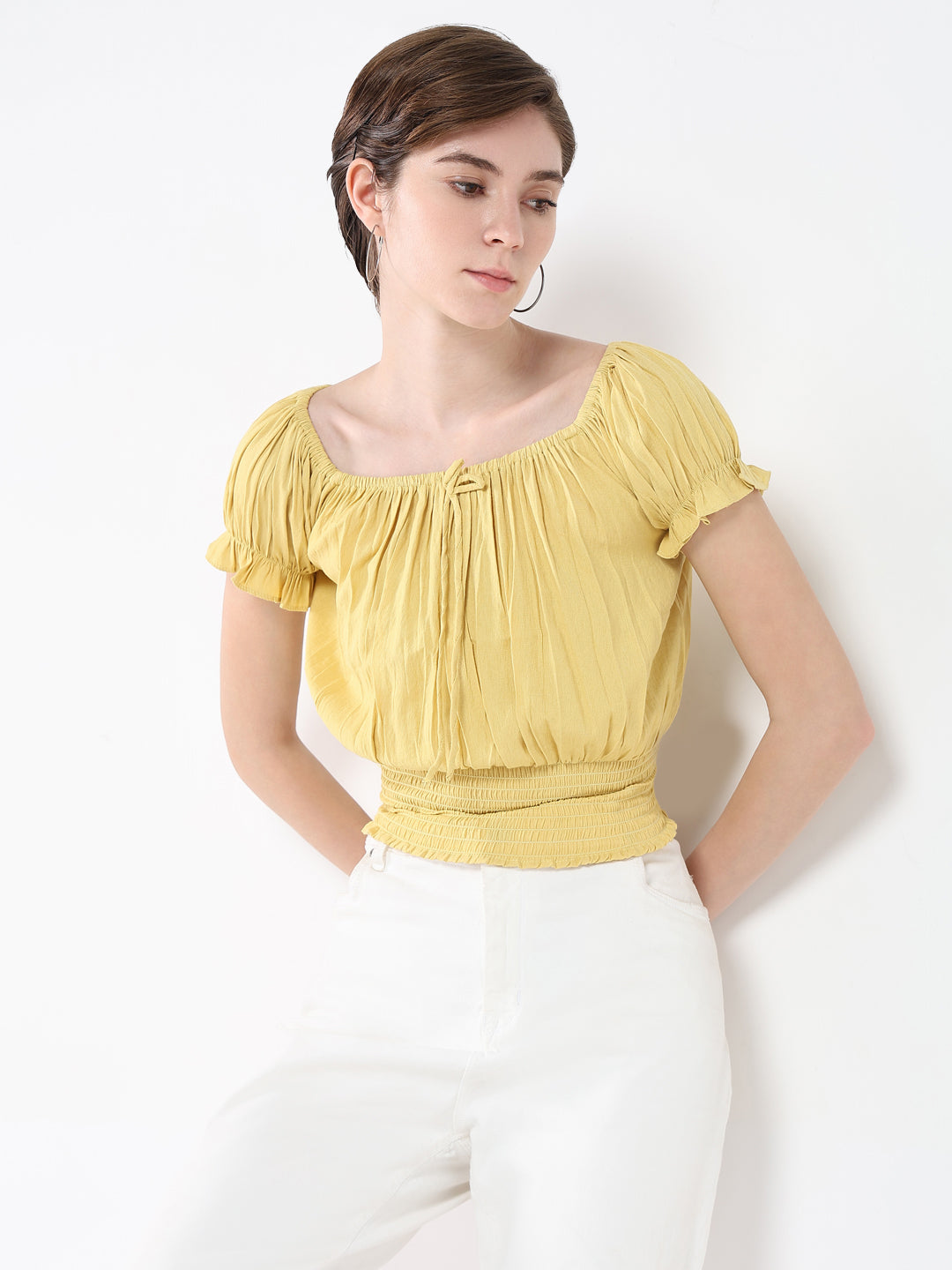 Women Boat Neck Solid Yellow Cinched Waist Top