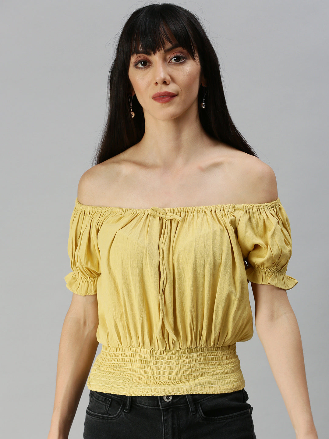 Women Boat Neck Solid Yellow Cinched Waist Top