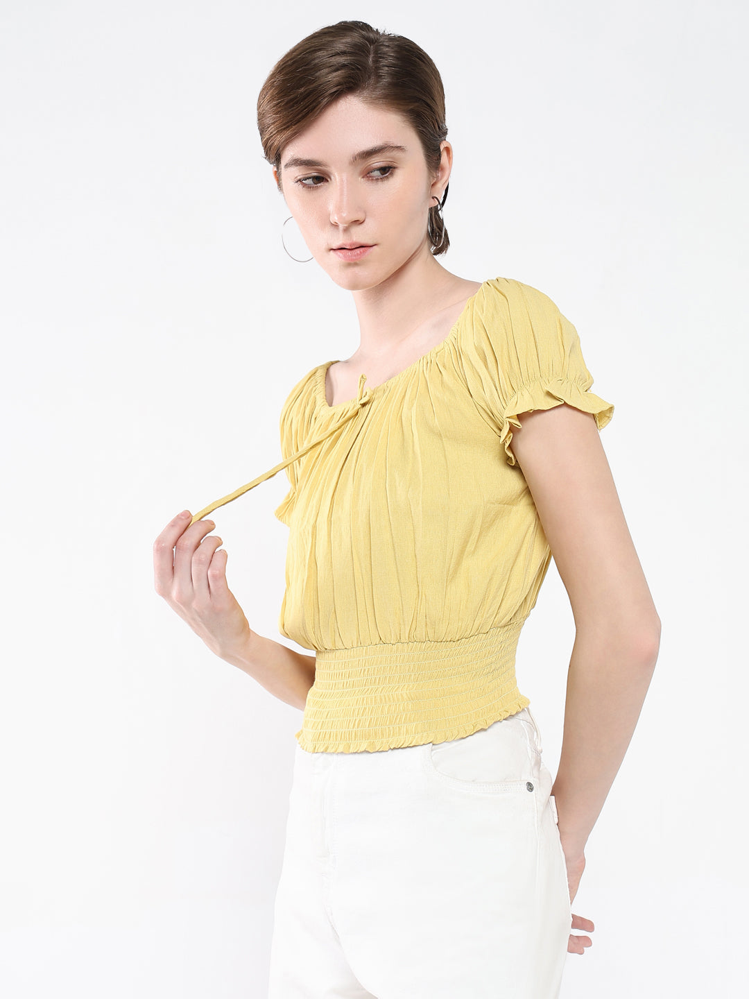 Women Boat Neck Solid Yellow Cinched Waist Top