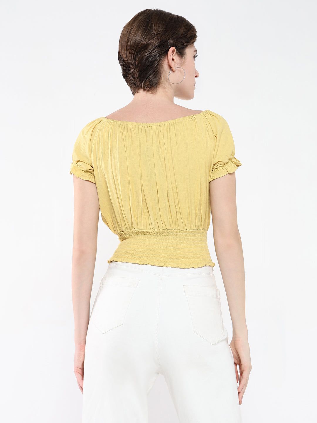 Women Boat Neck Solid Yellow Cinched Waist Top