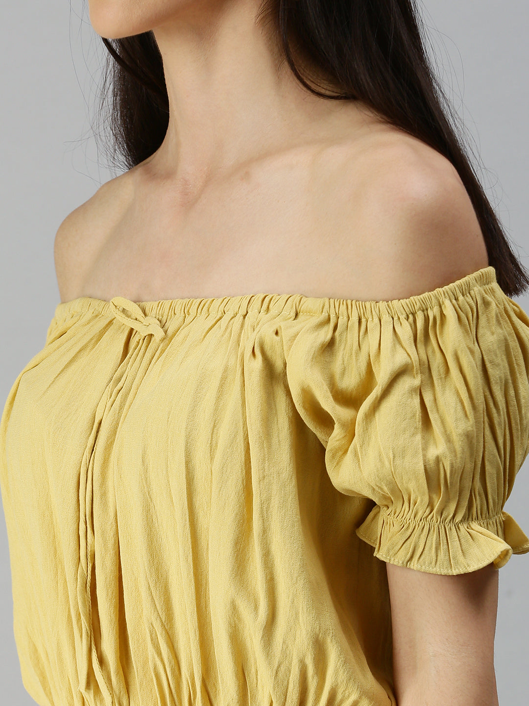 Women Boat Neck Solid Yellow Cinched Waist Top