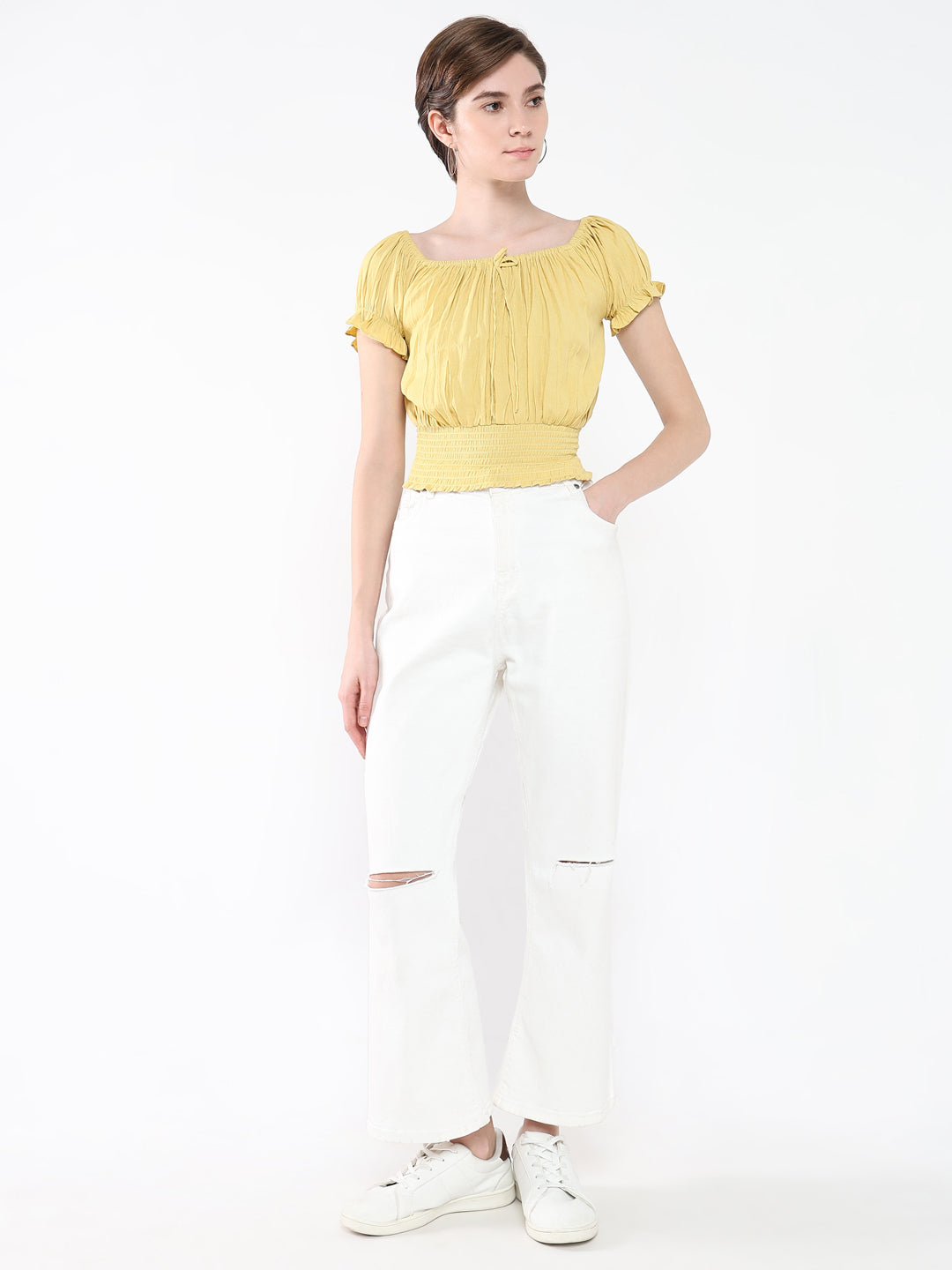 Women Boat Neck Solid Yellow Cinched Waist Top