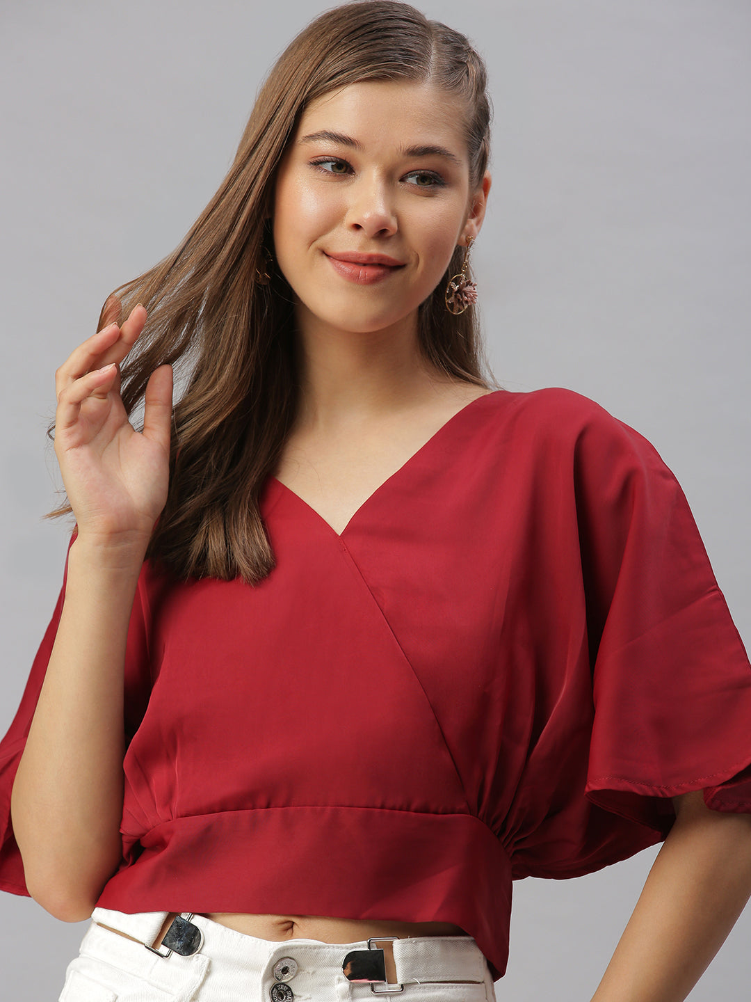 Women V-Neck Solid Maroon Cinched Waist Top