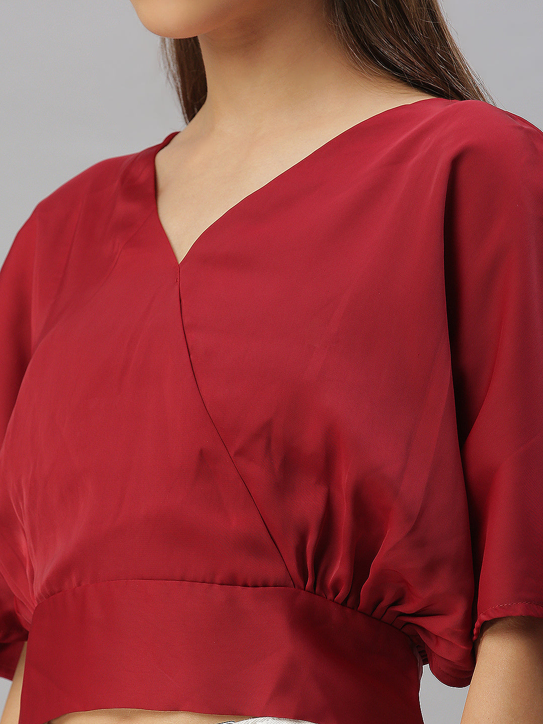 Women V-Neck Solid Maroon Cinched Waist Top