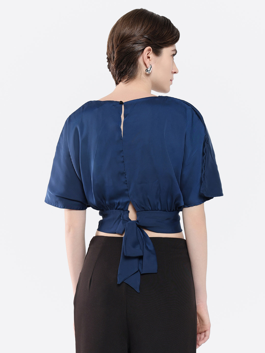 Women Solid Navy Blue Blouson Top