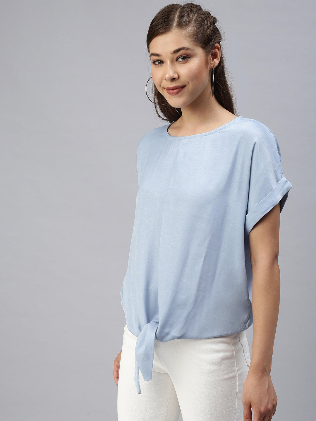 Women Solid Blue Cinched Waist Top