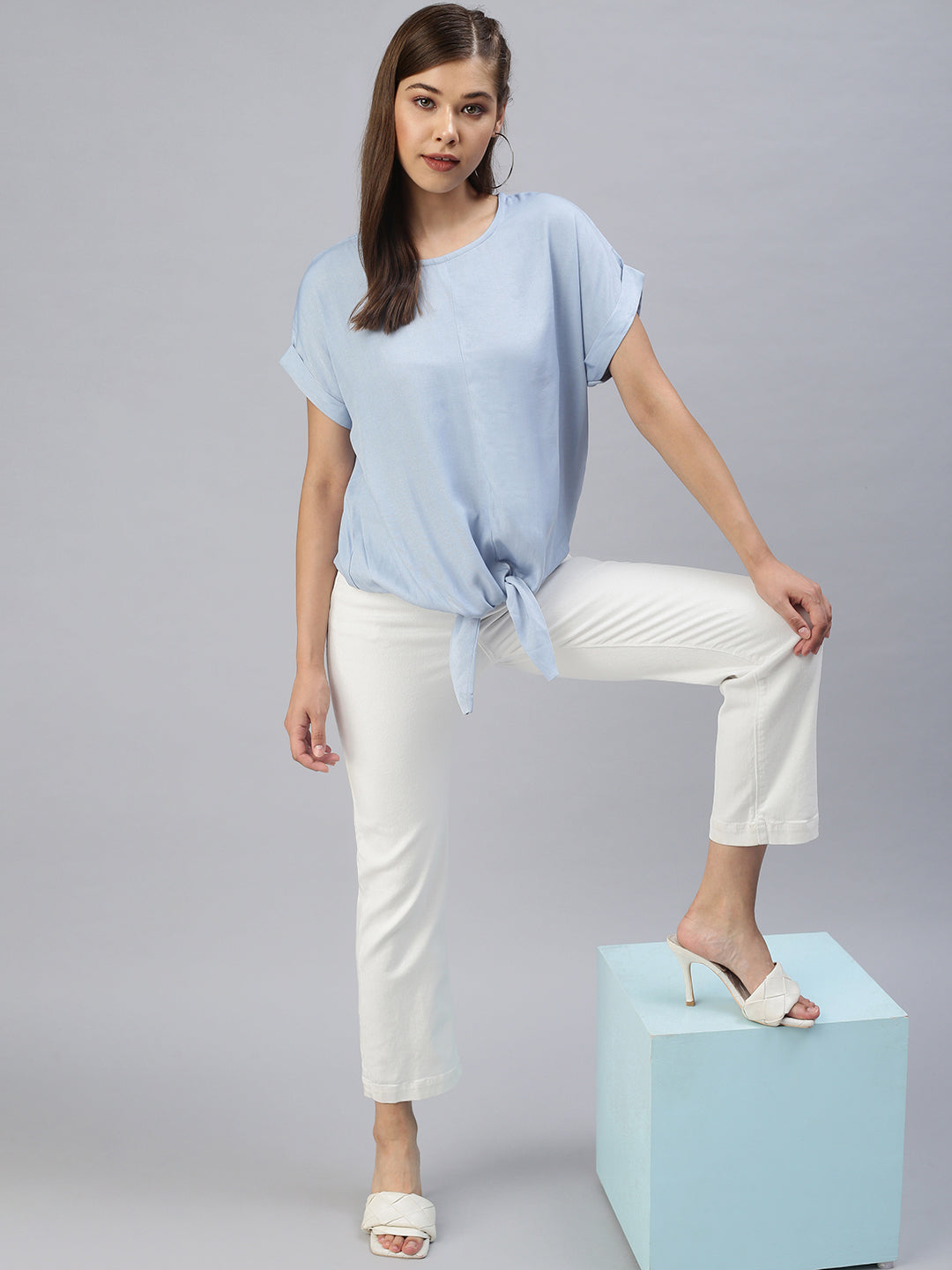 Women Solid Blue Cinched Waist Top