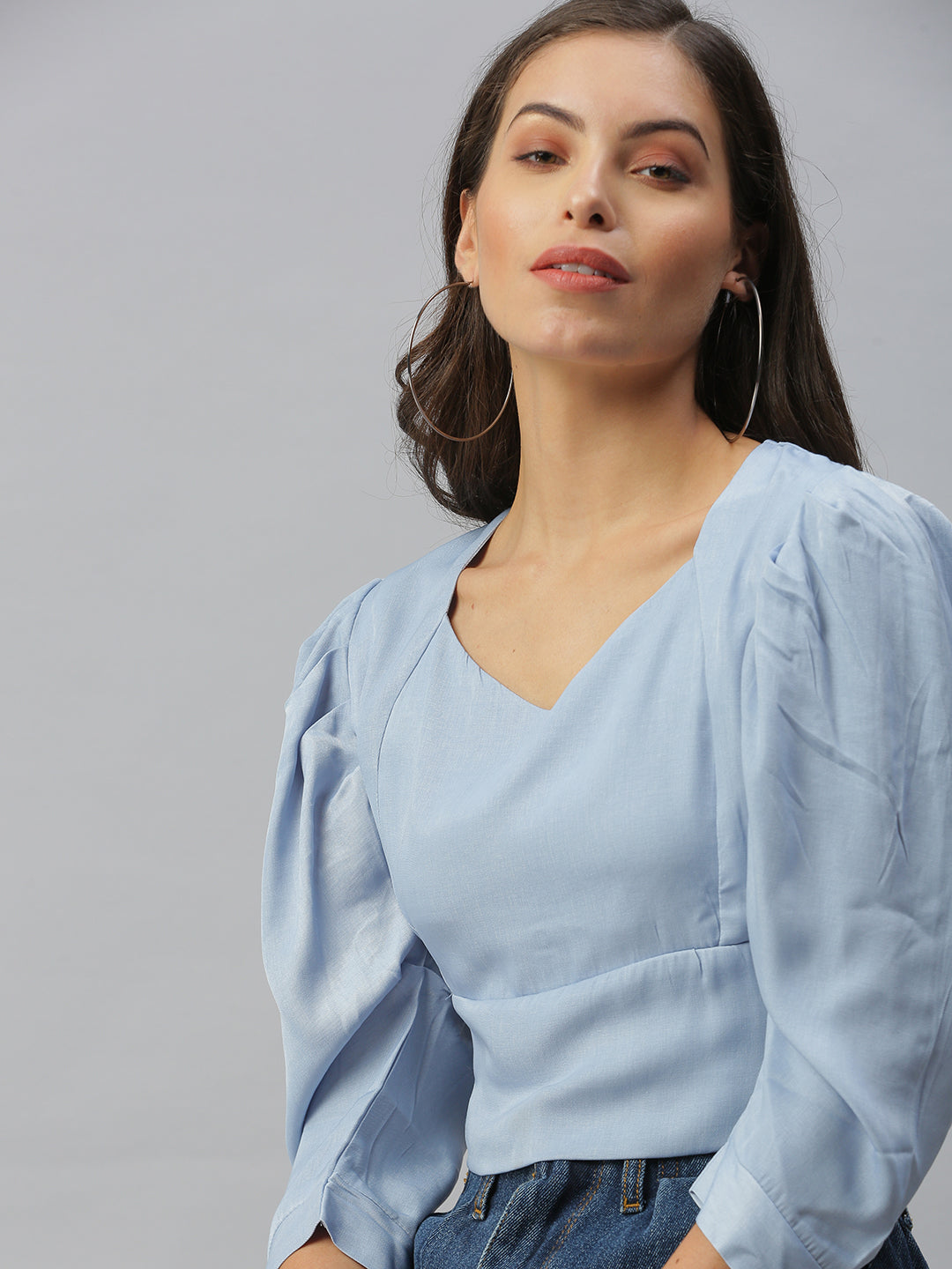 Women Sweetheart Neck Solid Blue Cinched Waist Top