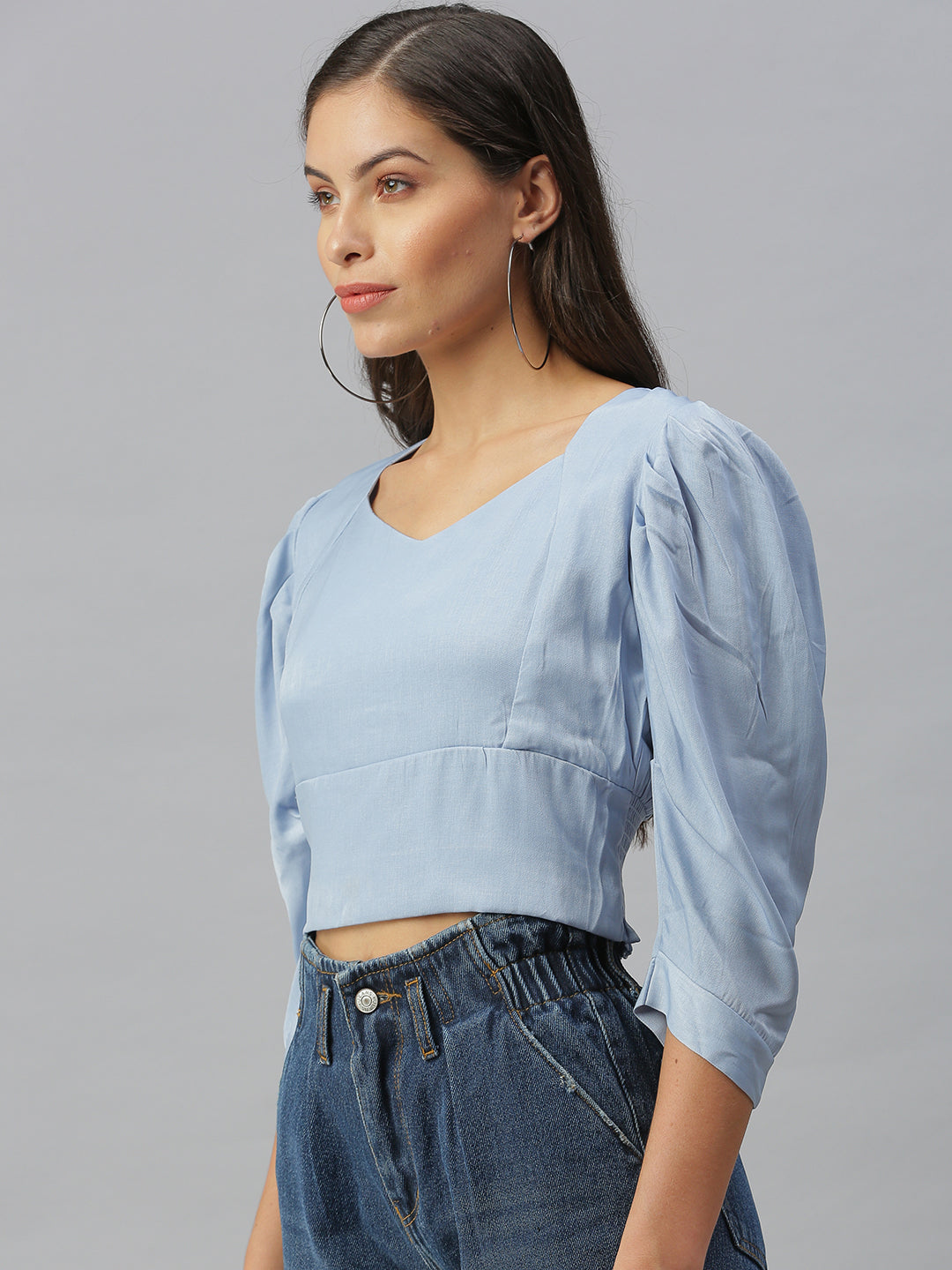 Women Sweetheart Neck Solid Blue Cinched Waist Top