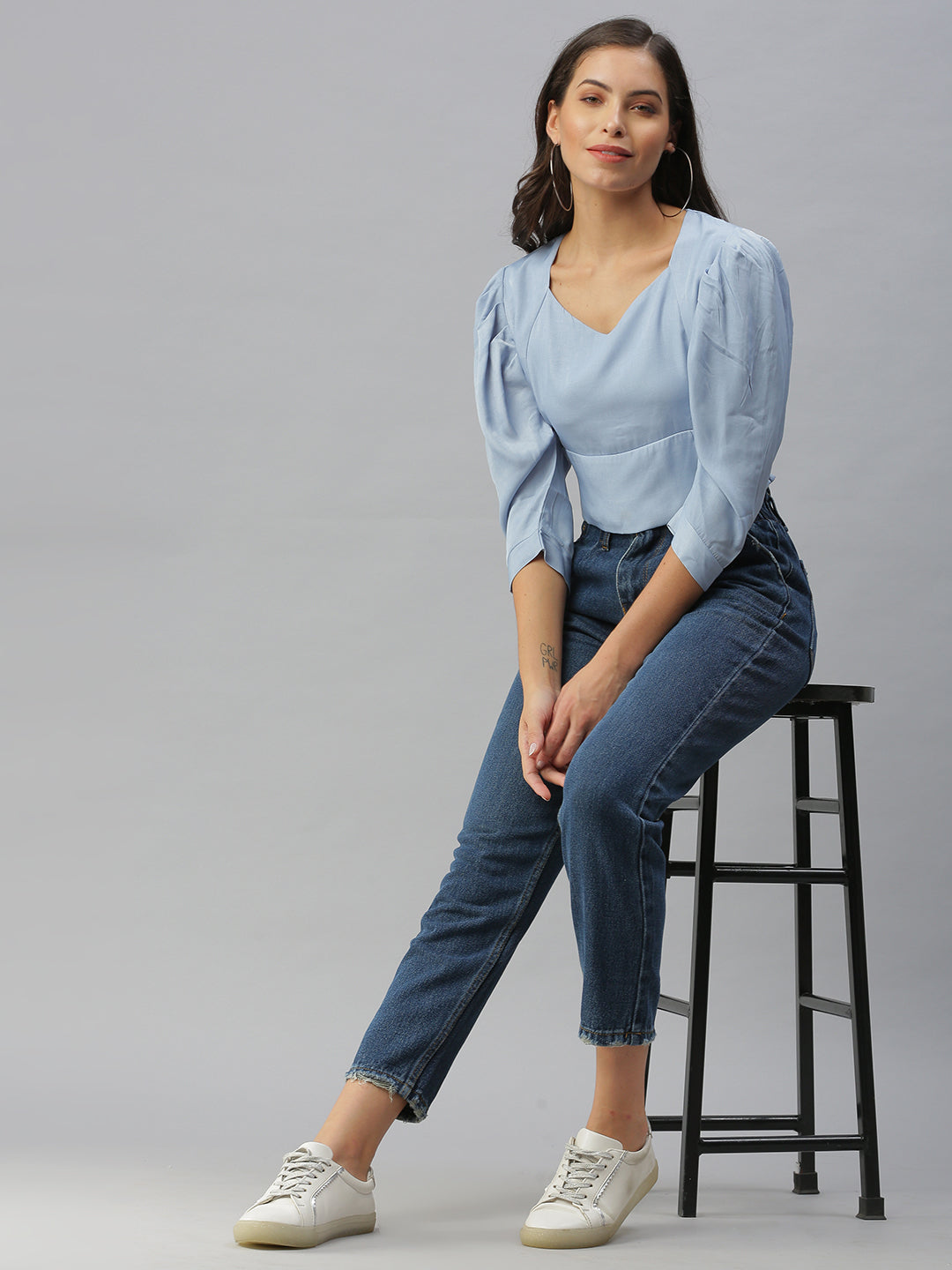 Women Sweetheart Neck Solid Blue Cinched Waist Top