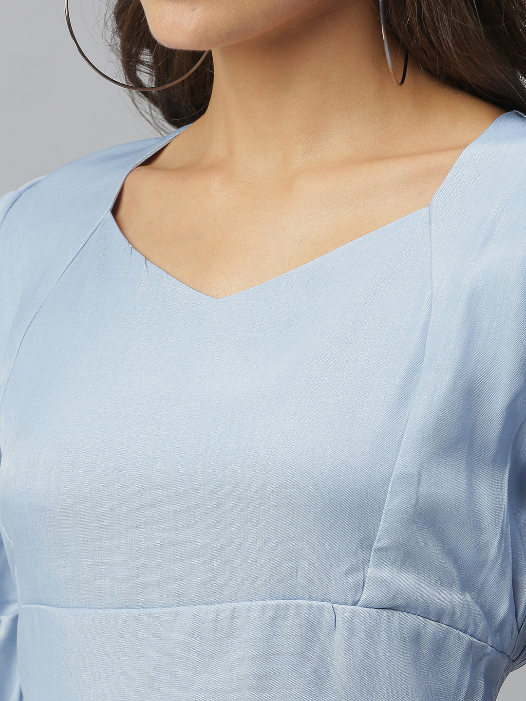 Women Sweetheart Neck Solid Blue Cinched Waist Top