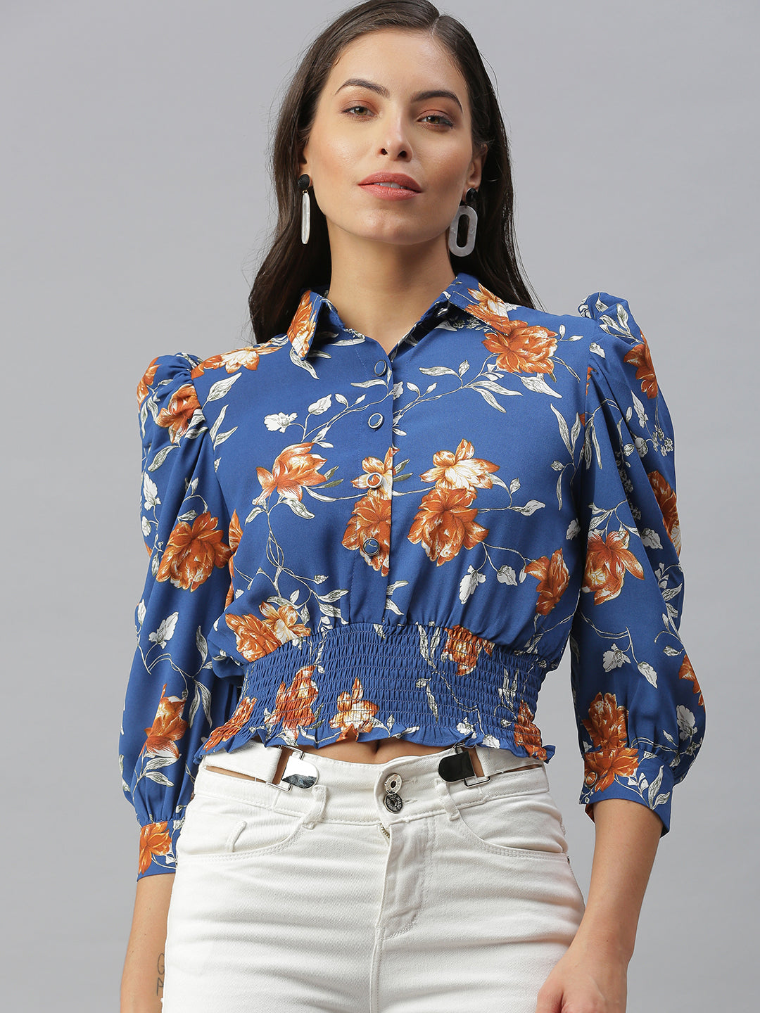 Women Shirt Collar Printed Blue Cinched Waist Top