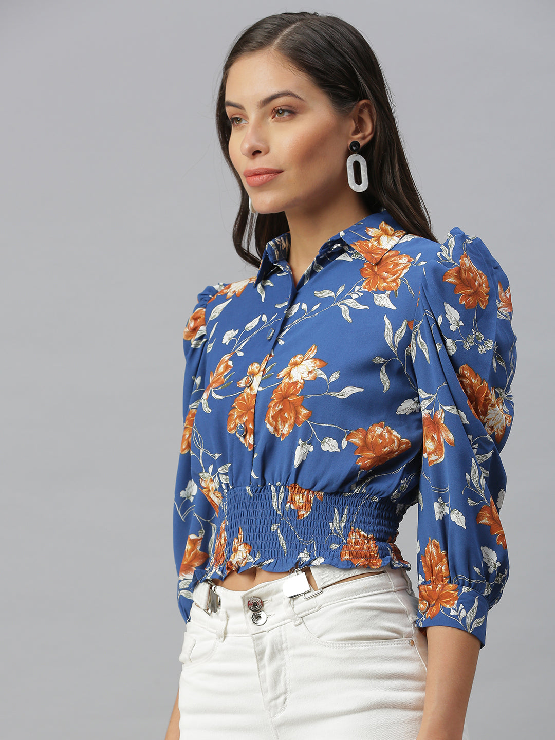 Women Shirt Collar Printed Blue Cinched Waist Top